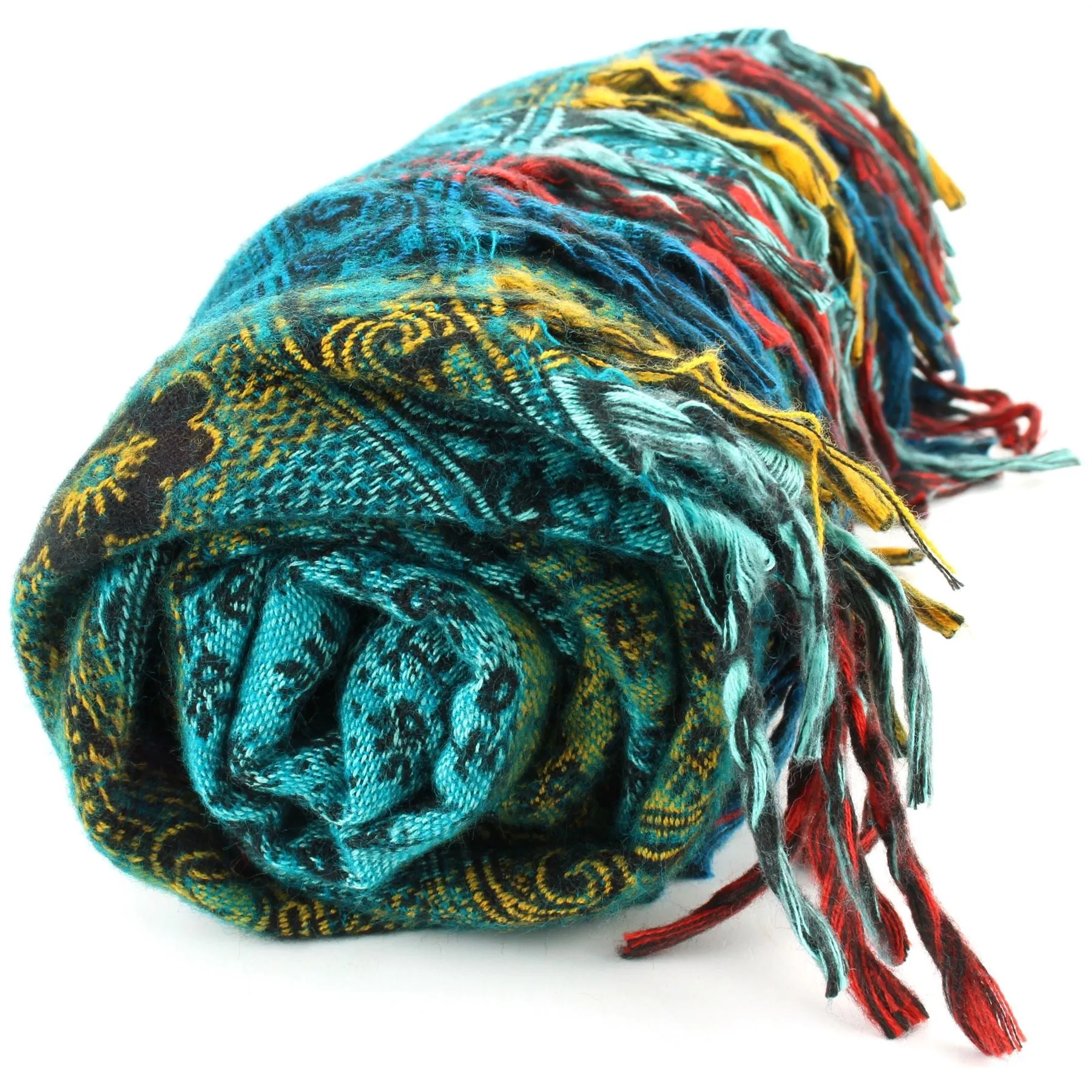 Vegan Wool Shawl Blanket - Paisley Stripe - Turquoise & Yellow