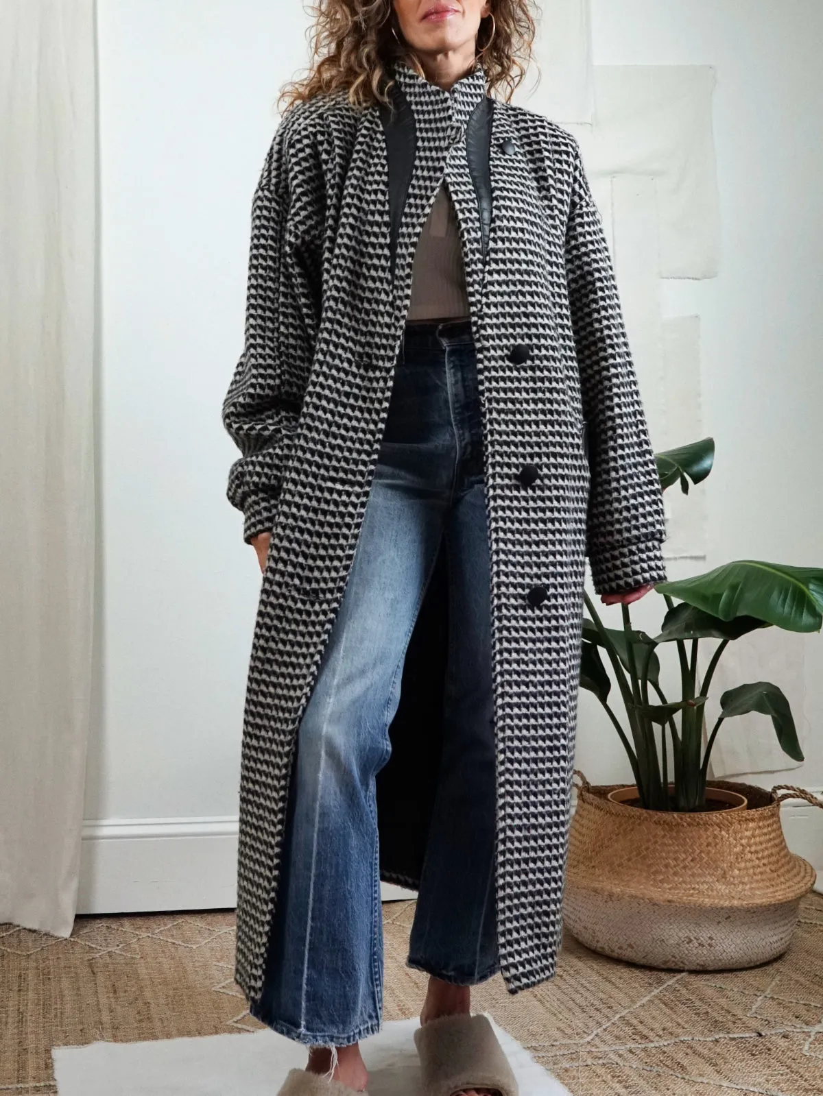 Vintage Houndstooth Leather Wool Coat