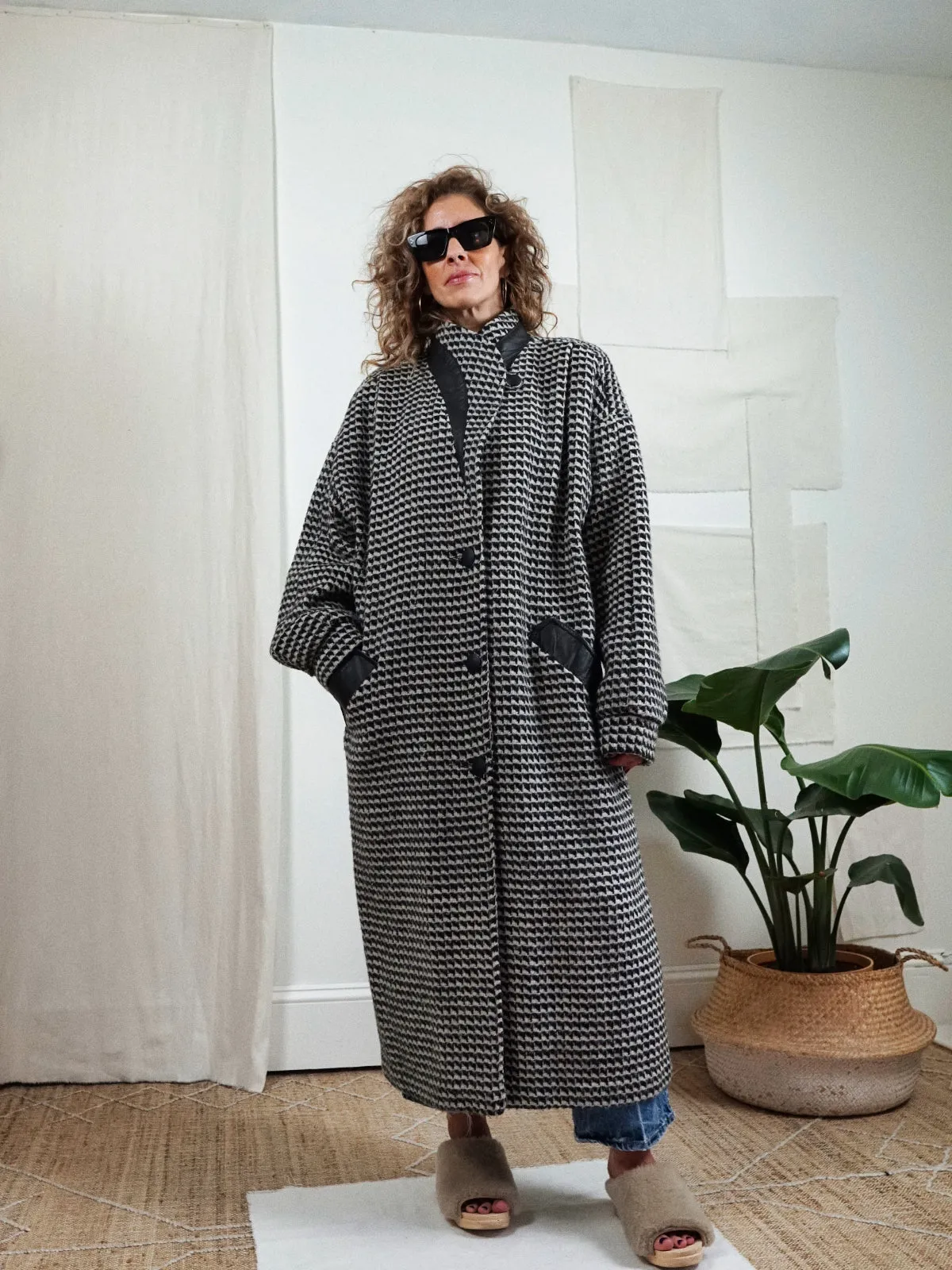 Vintage Houndstooth Leather Wool Coat