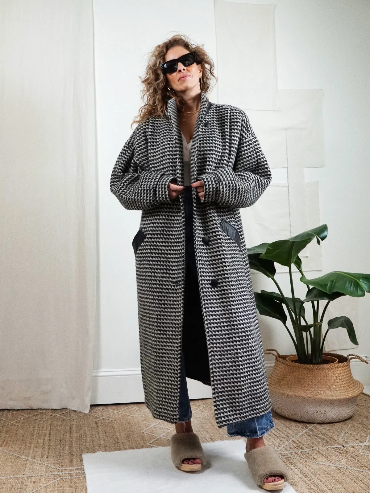 Vintage Houndstooth Leather Wool Coat