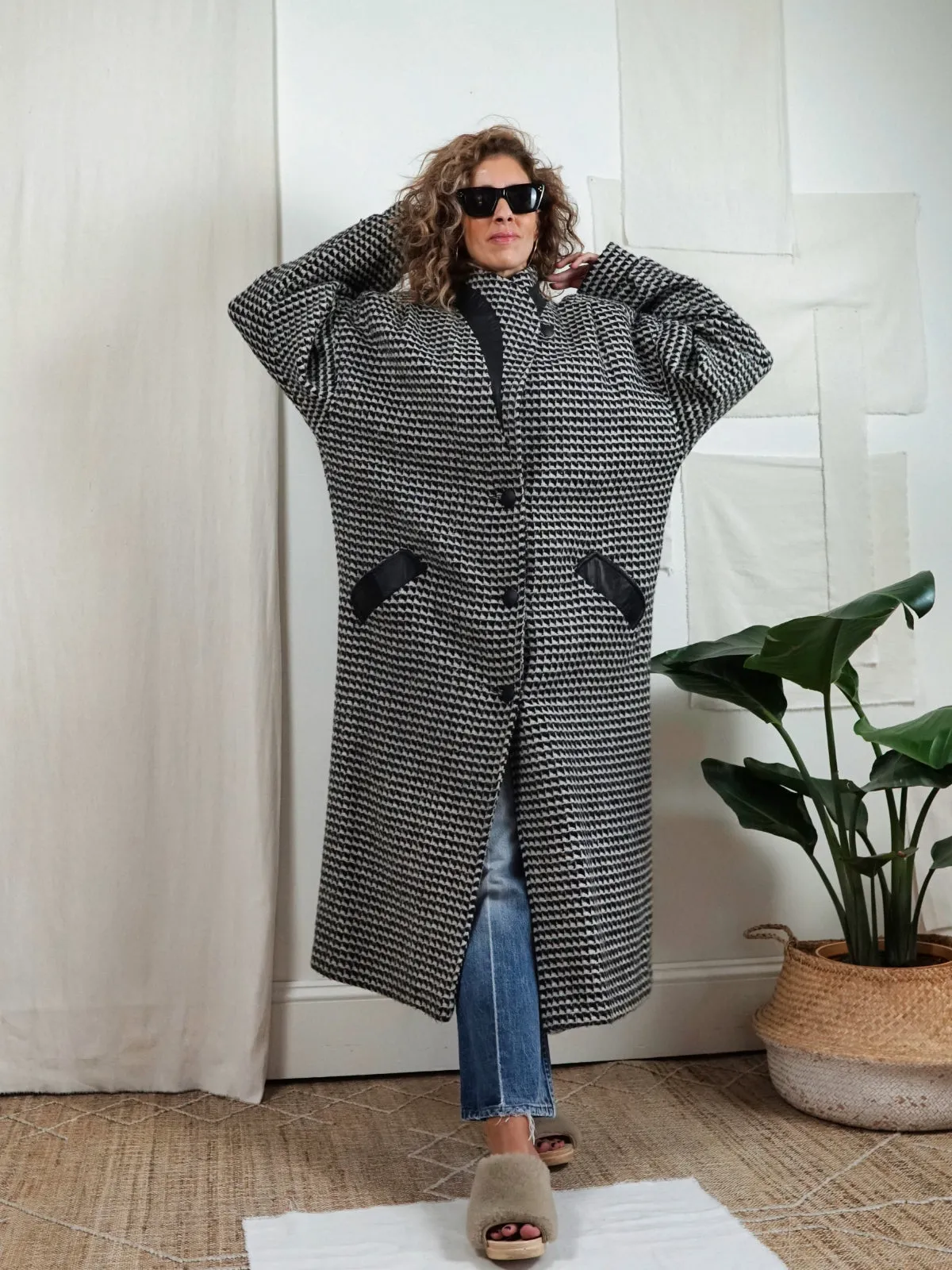 Vintage Houndstooth Leather Wool Coat