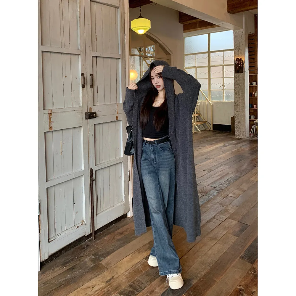 Wenkouban casual fall outfits Autumn Korean Style No Need Lazy Style Loose Long Knitted Cardigan Hooded Sweater Coat Knitted Overcoat