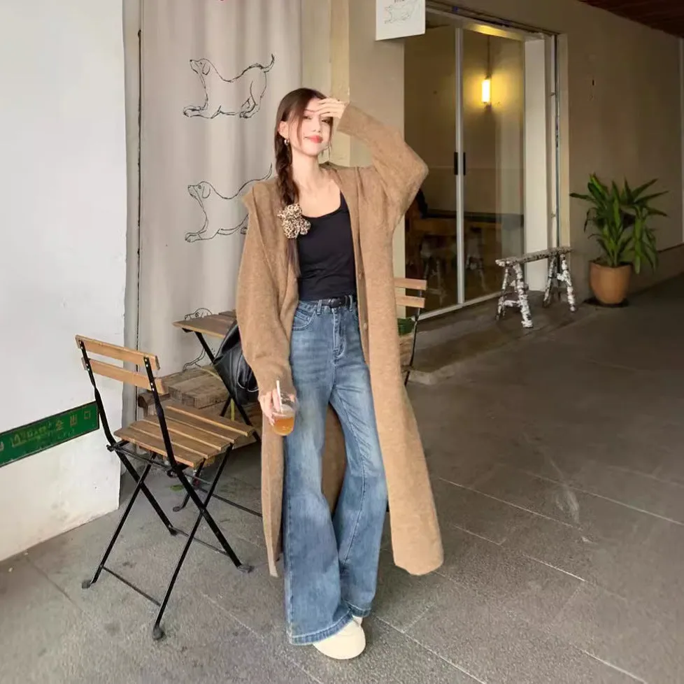 Wenkouban casual fall outfits Autumn Korean Style No Need Lazy Style Loose Long Knitted Cardigan Hooded Sweater Coat Knitted Overcoat