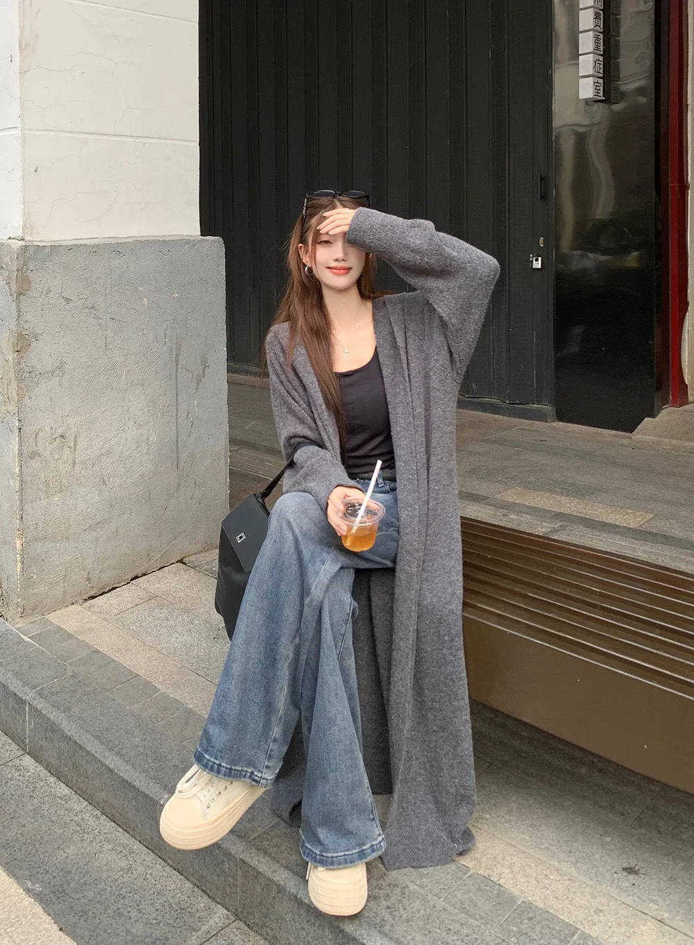 Wenkouban casual fall outfits Autumn Korean Style No Need Lazy Style Loose Long Knitted Cardigan Hooded Sweater Coat Knitted Overcoat