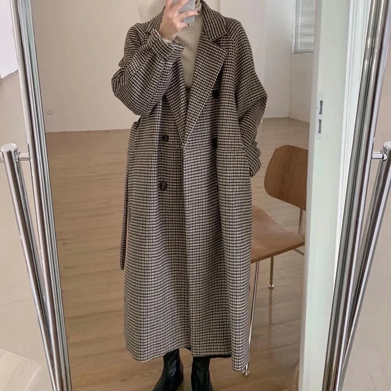 Wenkouban men winter outfits Woolen Coat for Women 2024 Autumn and Winter Korean Style Loose Mid-Length Houndstooth Plaid Woolen Overcoat Coat