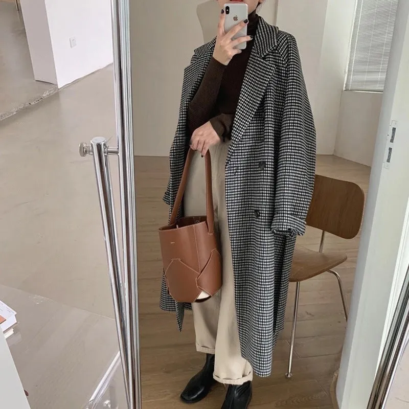 Wenkouban men winter outfits Woolen Coat for Women 2024 Autumn and Winter Korean Style Loose Mid-Length Houndstooth Plaid Woolen Overcoat Coat