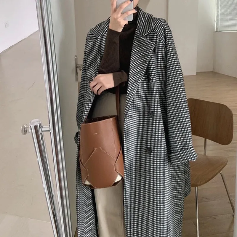 Wenkouban men winter outfits Woolen Coat for Women 2024 Autumn and Winter Korean Style Loose Mid-Length Houndstooth Plaid Woolen Overcoat Coat