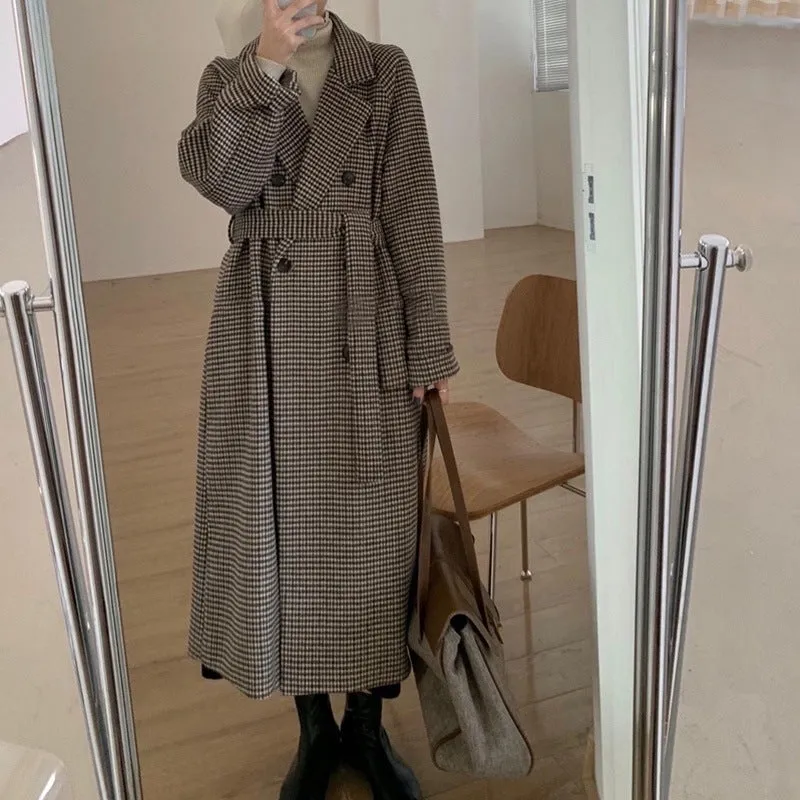 Wenkouban men winter outfits Woolen Coat for Women 2024 Autumn and Winter Korean Style Loose Mid-Length Houndstooth Plaid Woolen Overcoat Coat