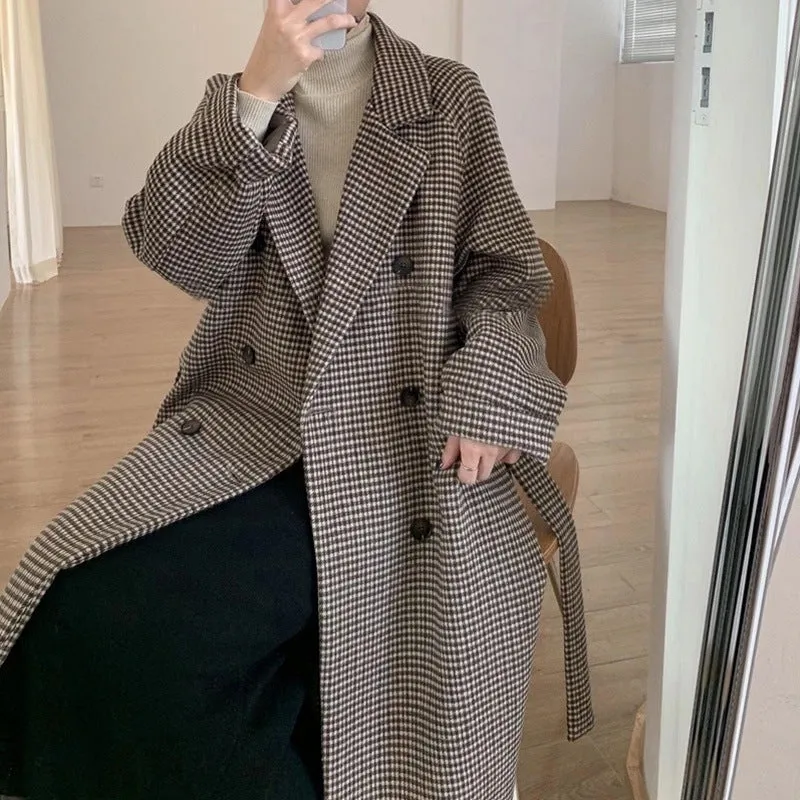 Wenkouban men winter outfits Woolen Coat for Women 2024 Autumn and Winter Korean Style Loose Mid-Length Houndstooth Plaid Woolen Overcoat Coat