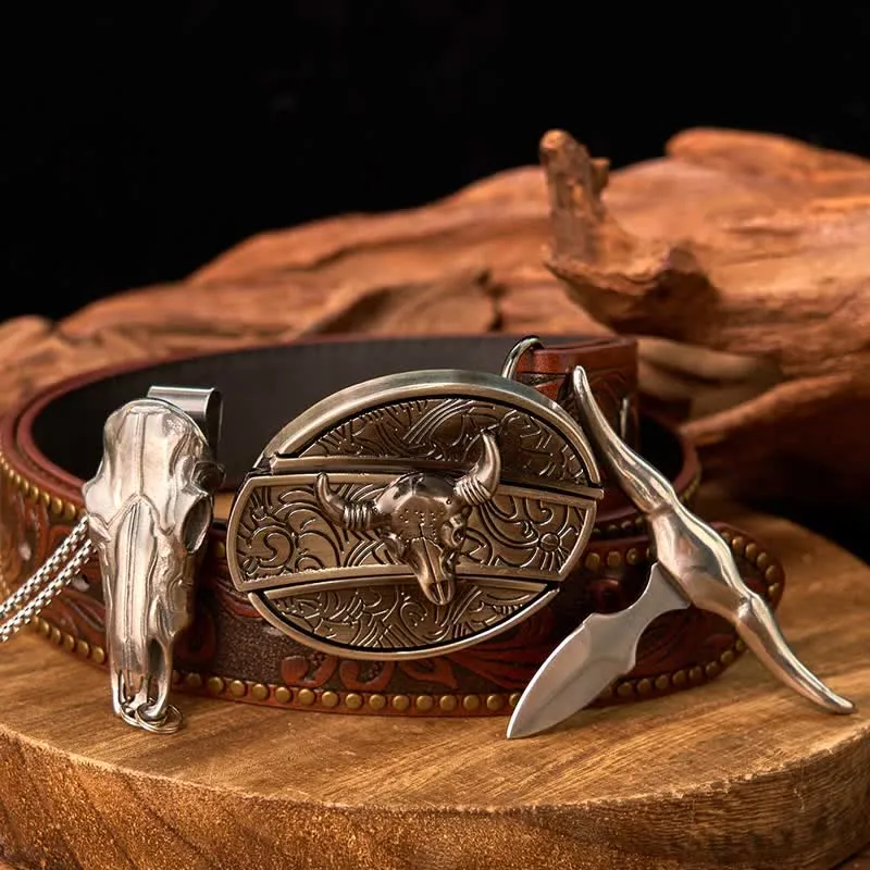 Western Gadget DIY Hidden Knife Buckle Longhorn Bull Pendant Bundle Set