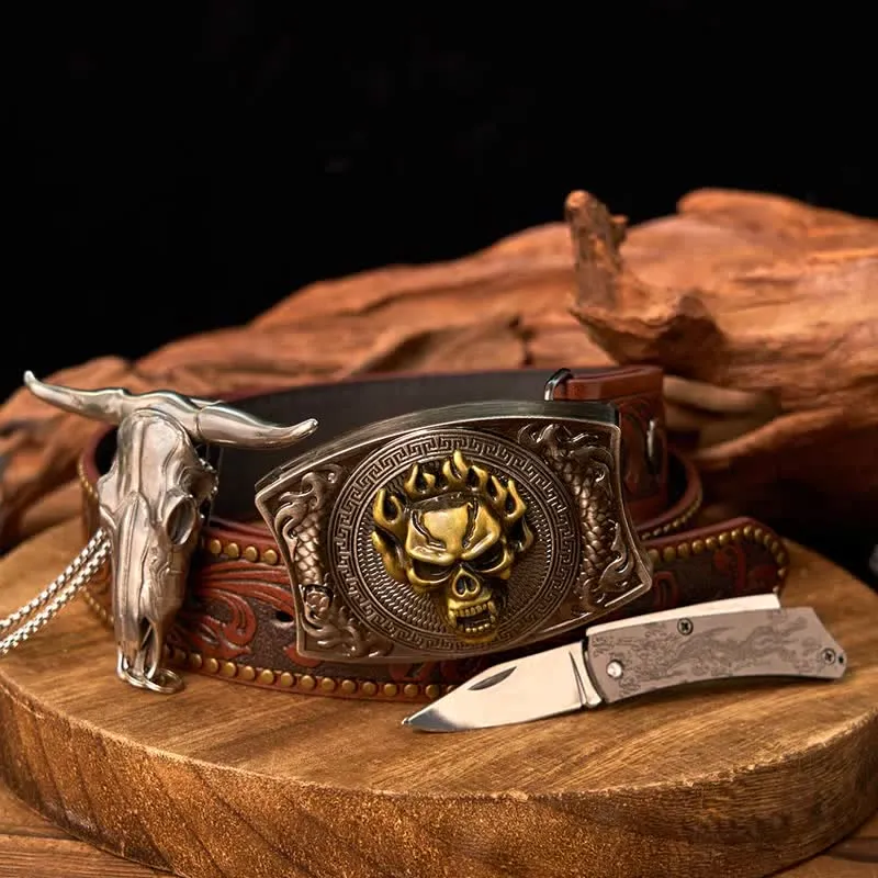 Western Gadget DIY Hidden Knife Buckle Longhorn Bull Pendant Bundle Set