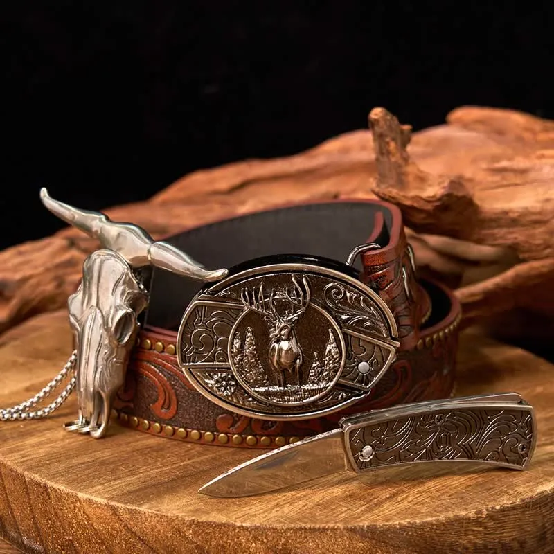 Western Gadget DIY Hidden Knife Buckle Longhorn Bull Pendant Bundle Set