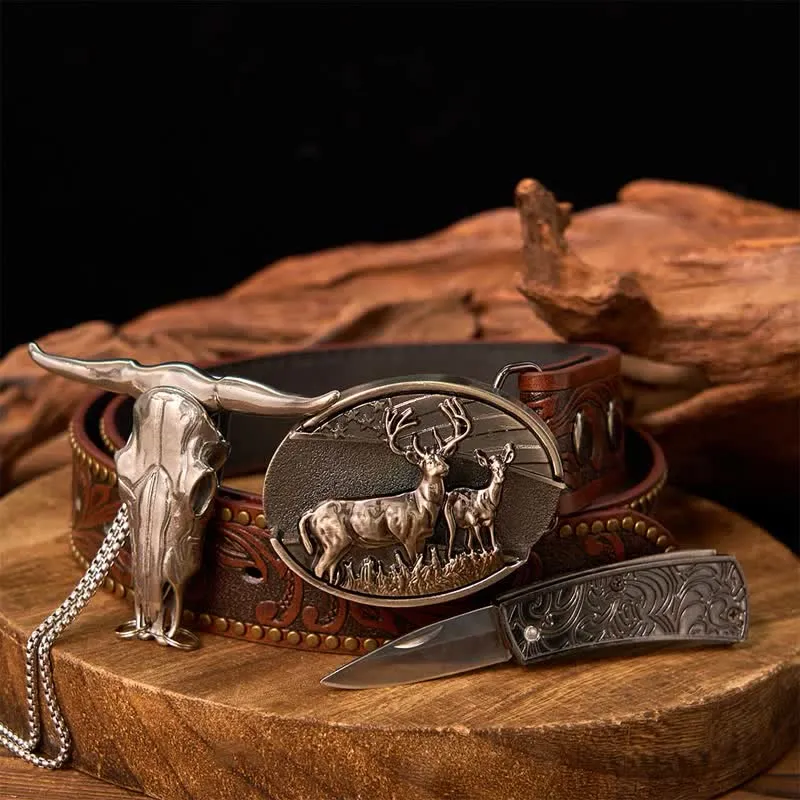 Western Gadget DIY Hidden Knife Buckle Longhorn Bull Pendant Bundle Set