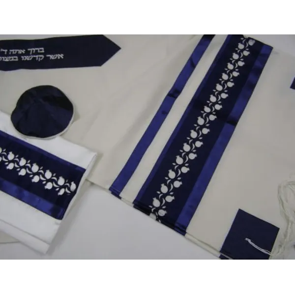 White and Blue Pomegranates Wool Tallit, Bar Mitzvha Tallit, Tzitzit Jewish Prayer Shawl, Custom Tallit from Israel