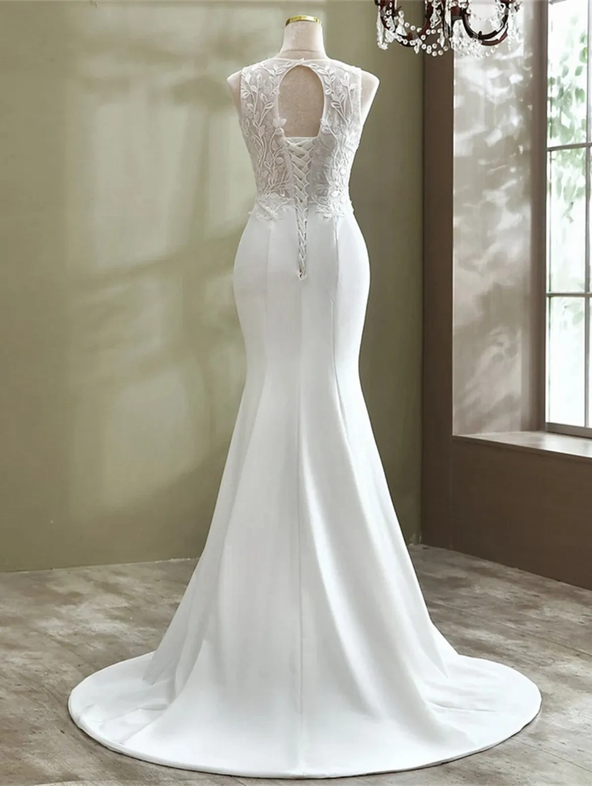 White Mermaid Round Neckline Long Formal Gown, White Wedding Party Dress