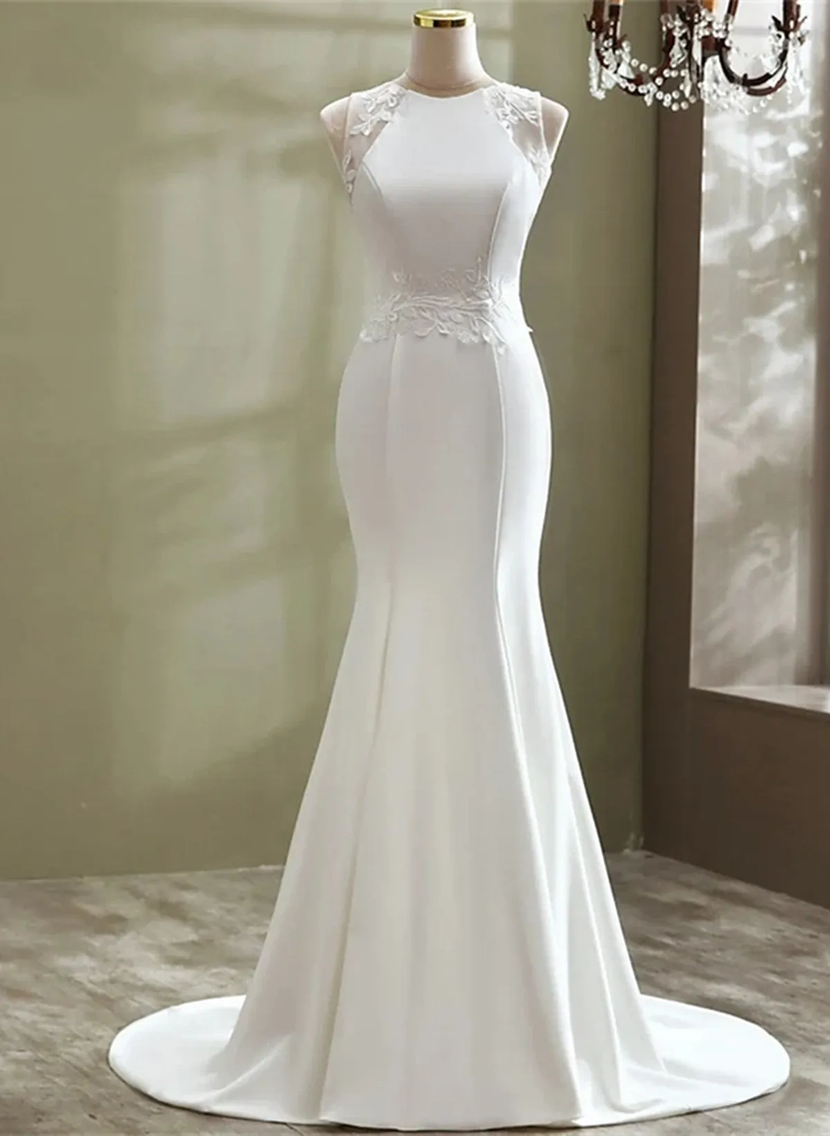 White Mermaid Round Neckline Long Formal Gown, White Wedding Party Dress