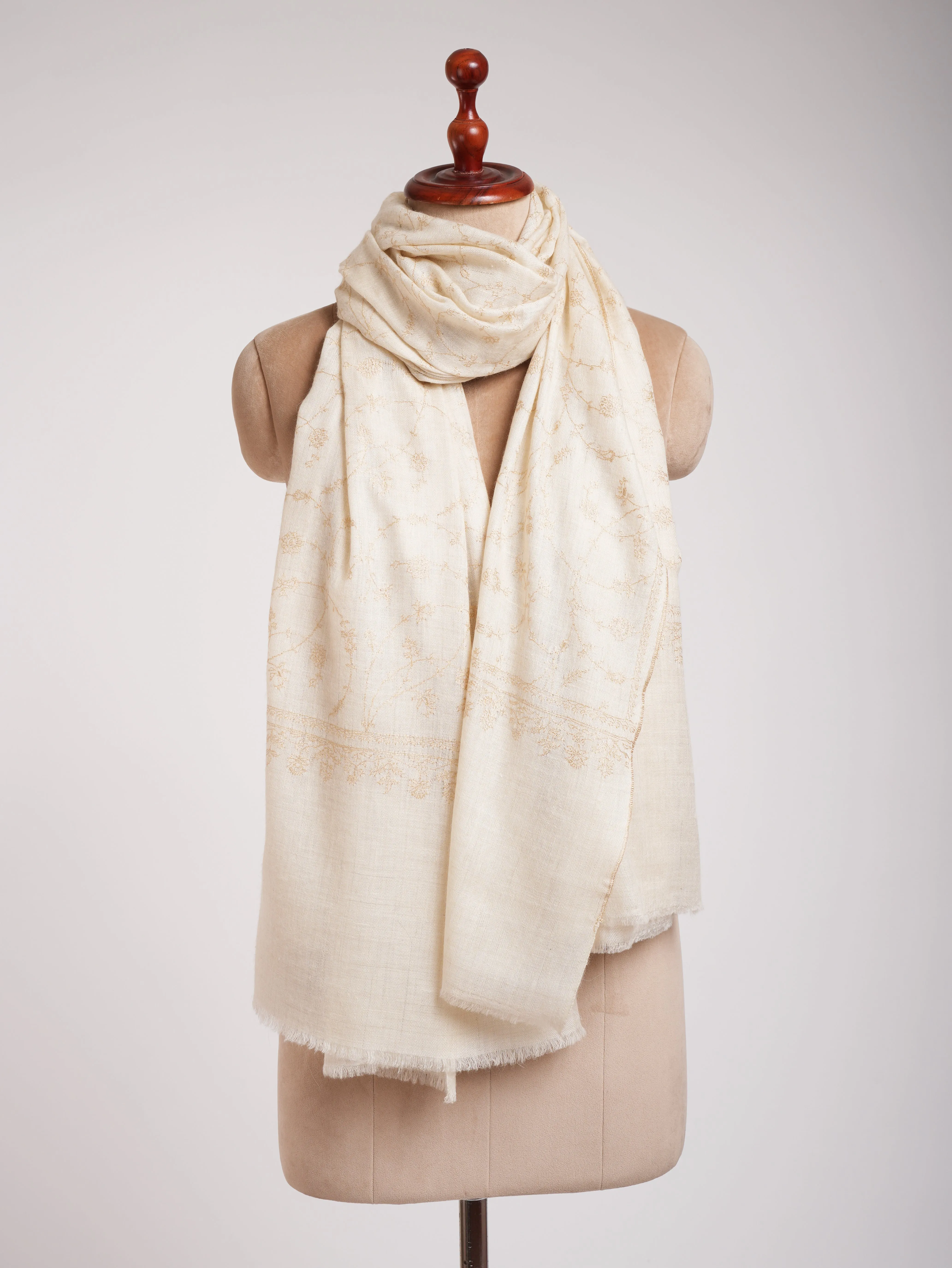 White Pashmina Shawl with Beige Embroidery