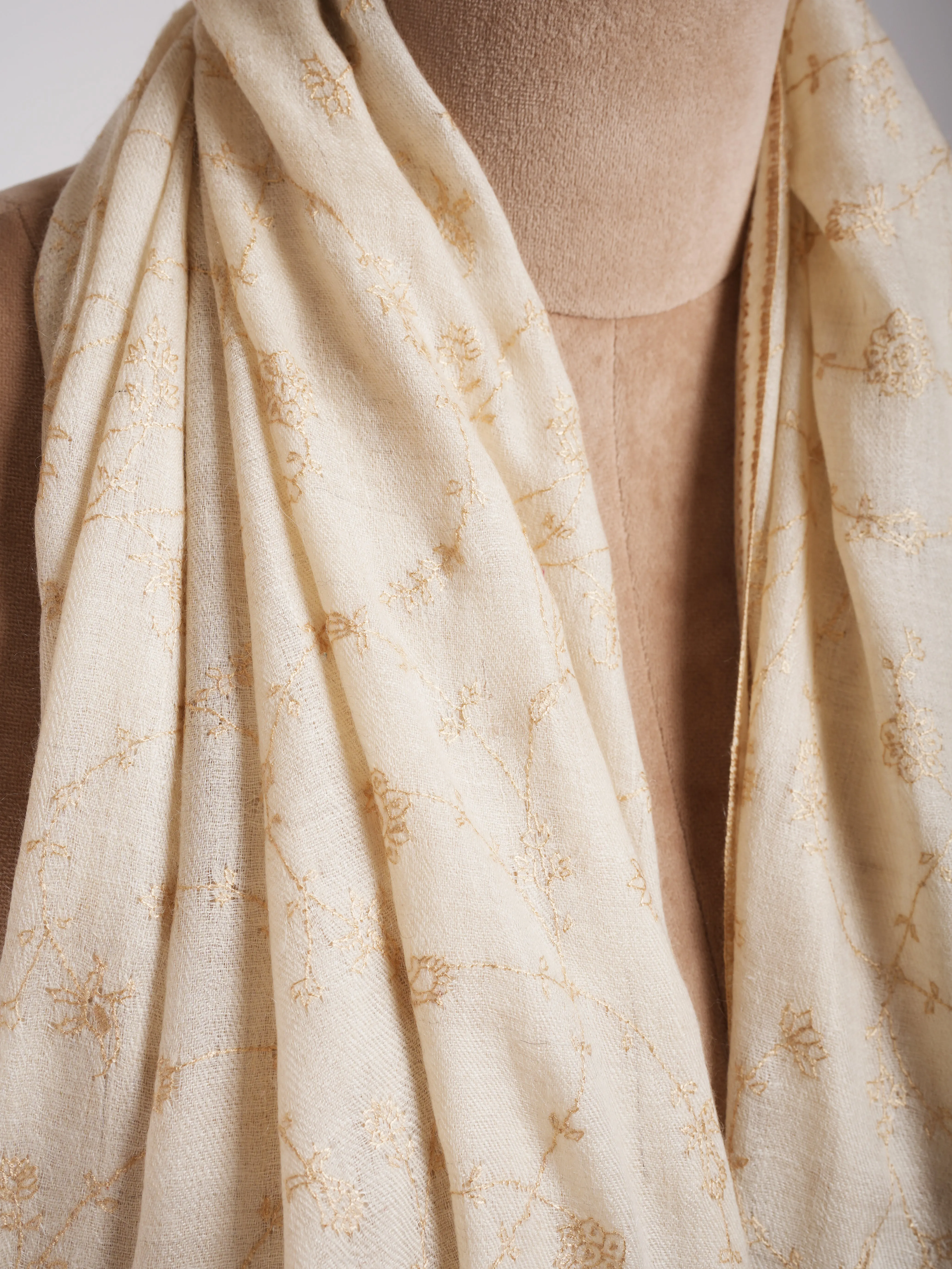 White Pashmina Shawl with Beige Embroidery