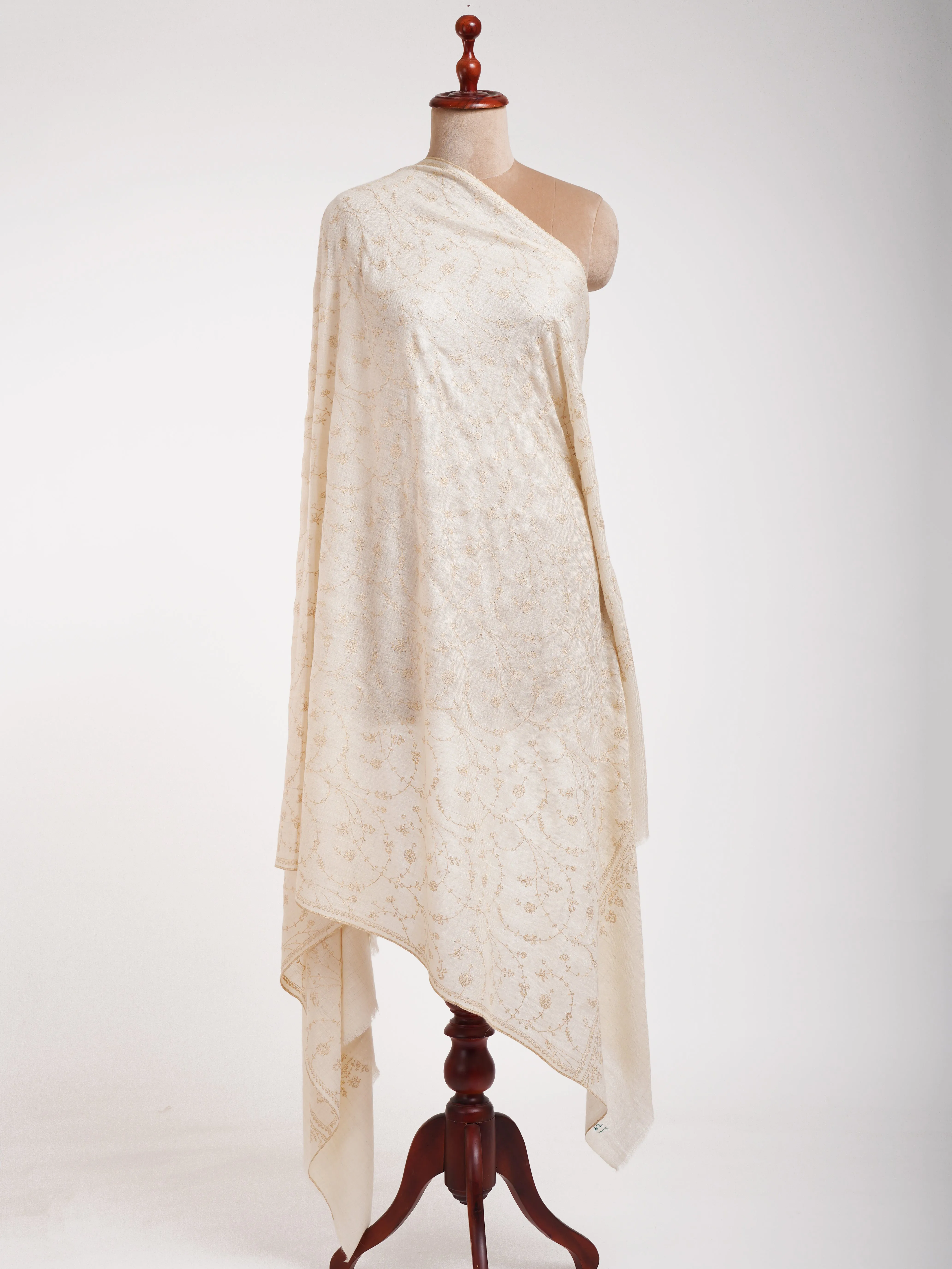 White Pashmina Shawl with Beige Embroidery