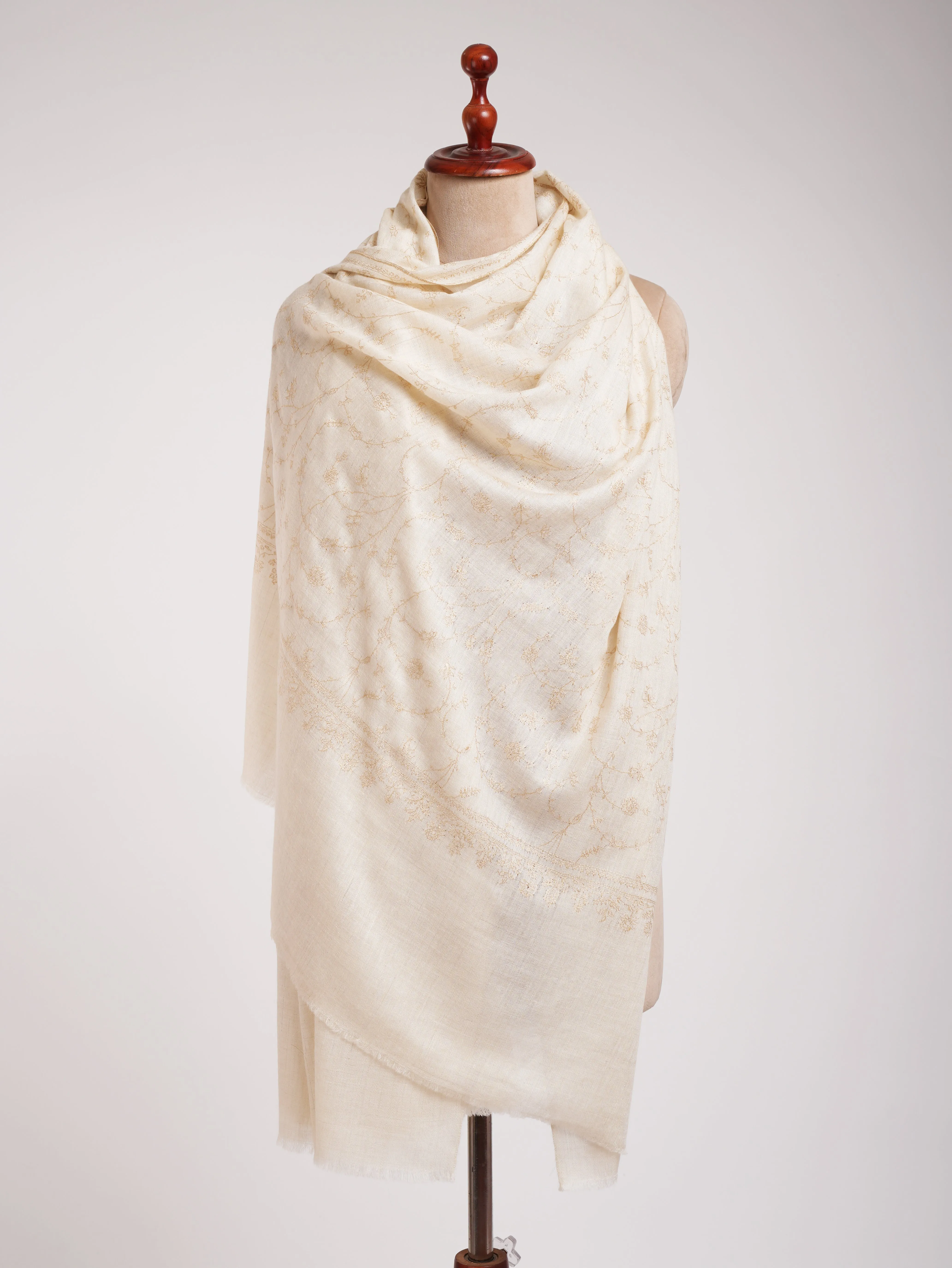 White Pashmina Shawl with Beige Embroidery