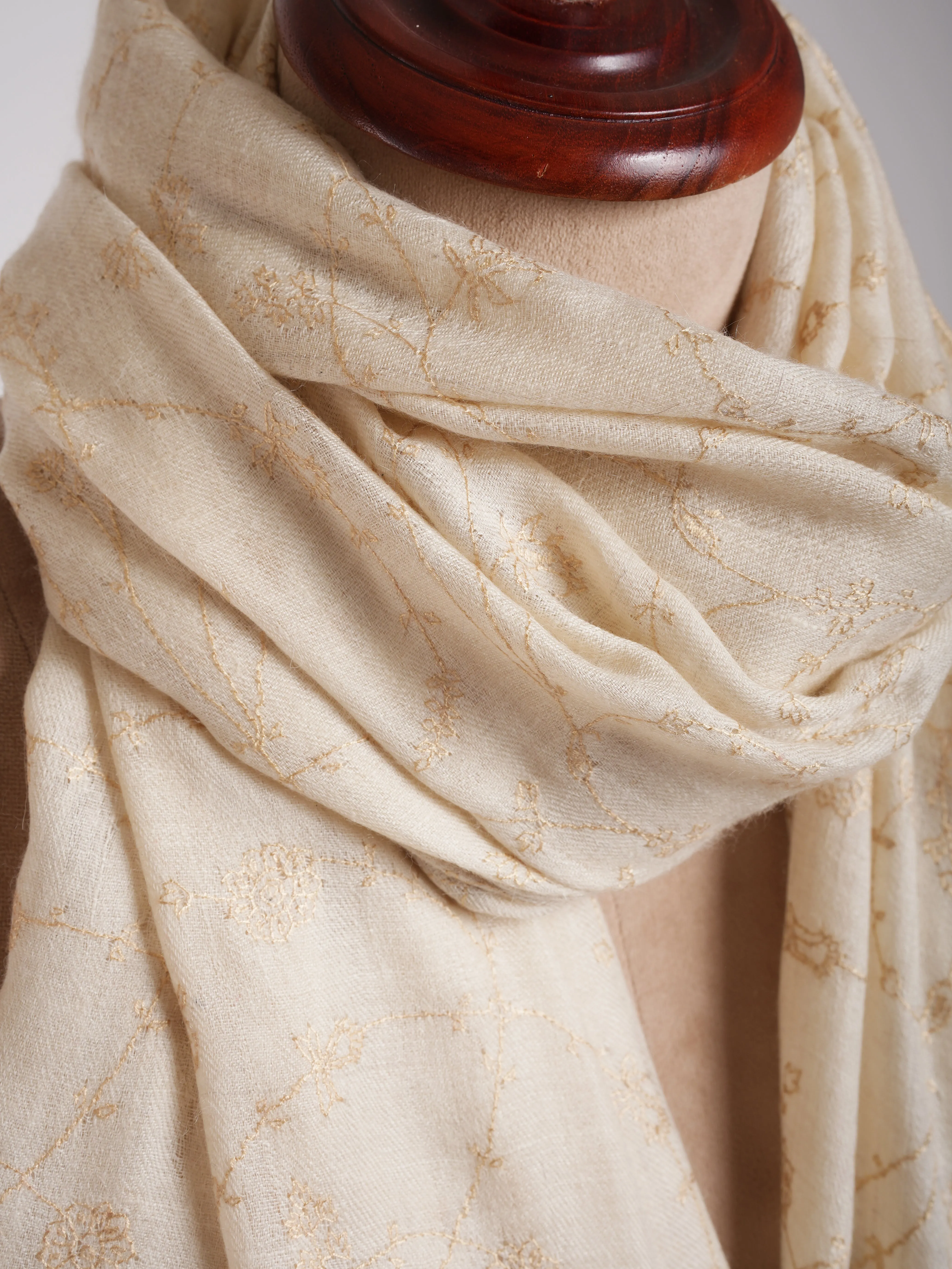 White Pashmina Shawl with Beige Embroidery