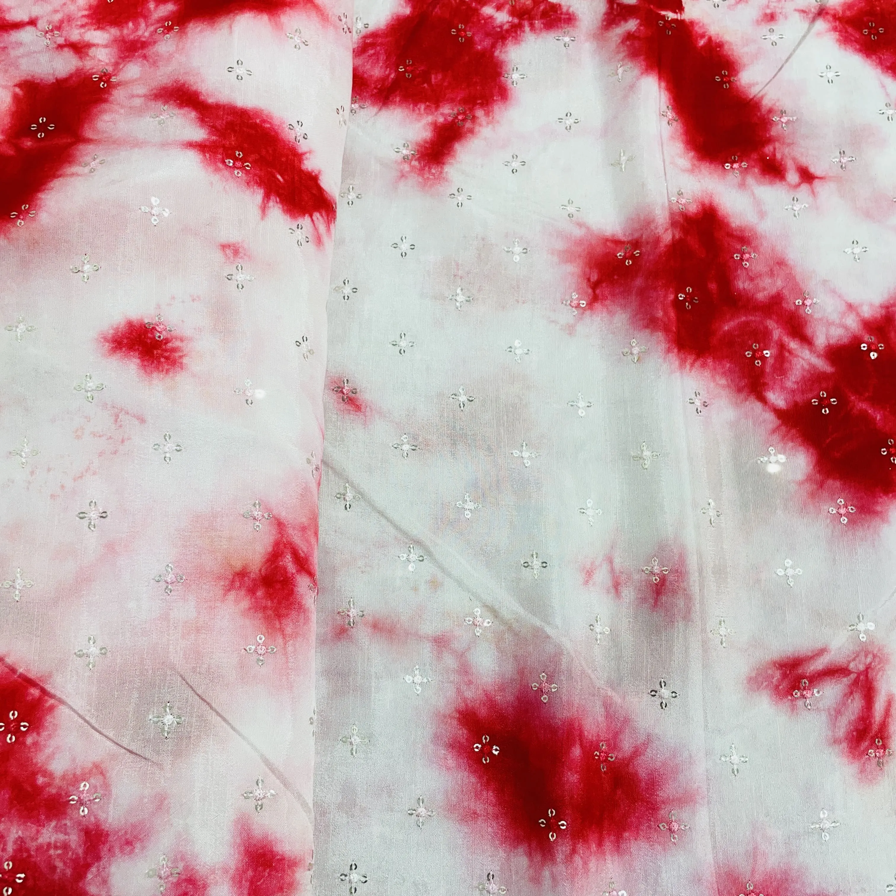 White Red Shibori Sequins Embroidery Dola Silk Fabric 25