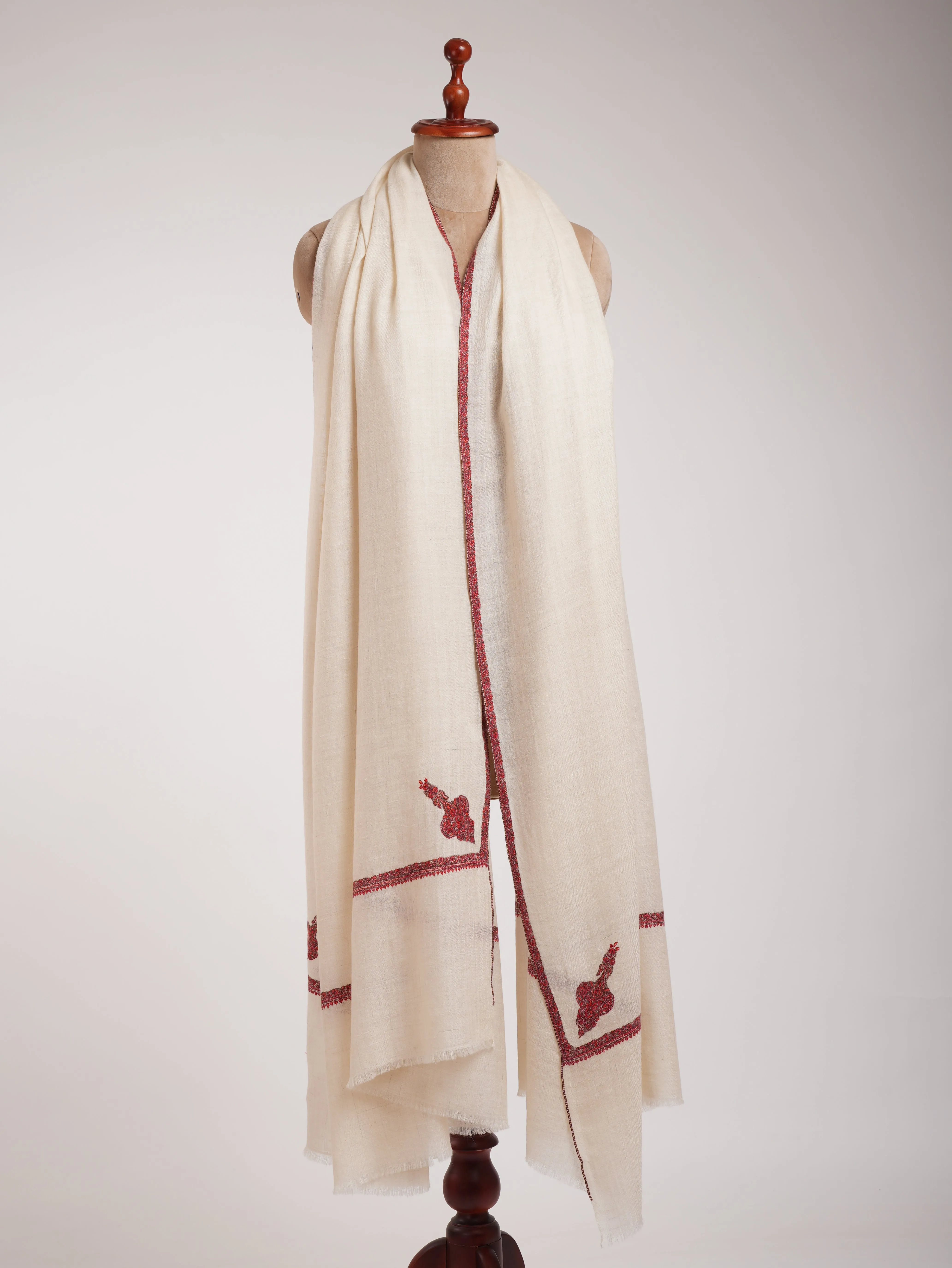 White Sozni Embroidered Kashmiri XL Pashmina Shawl