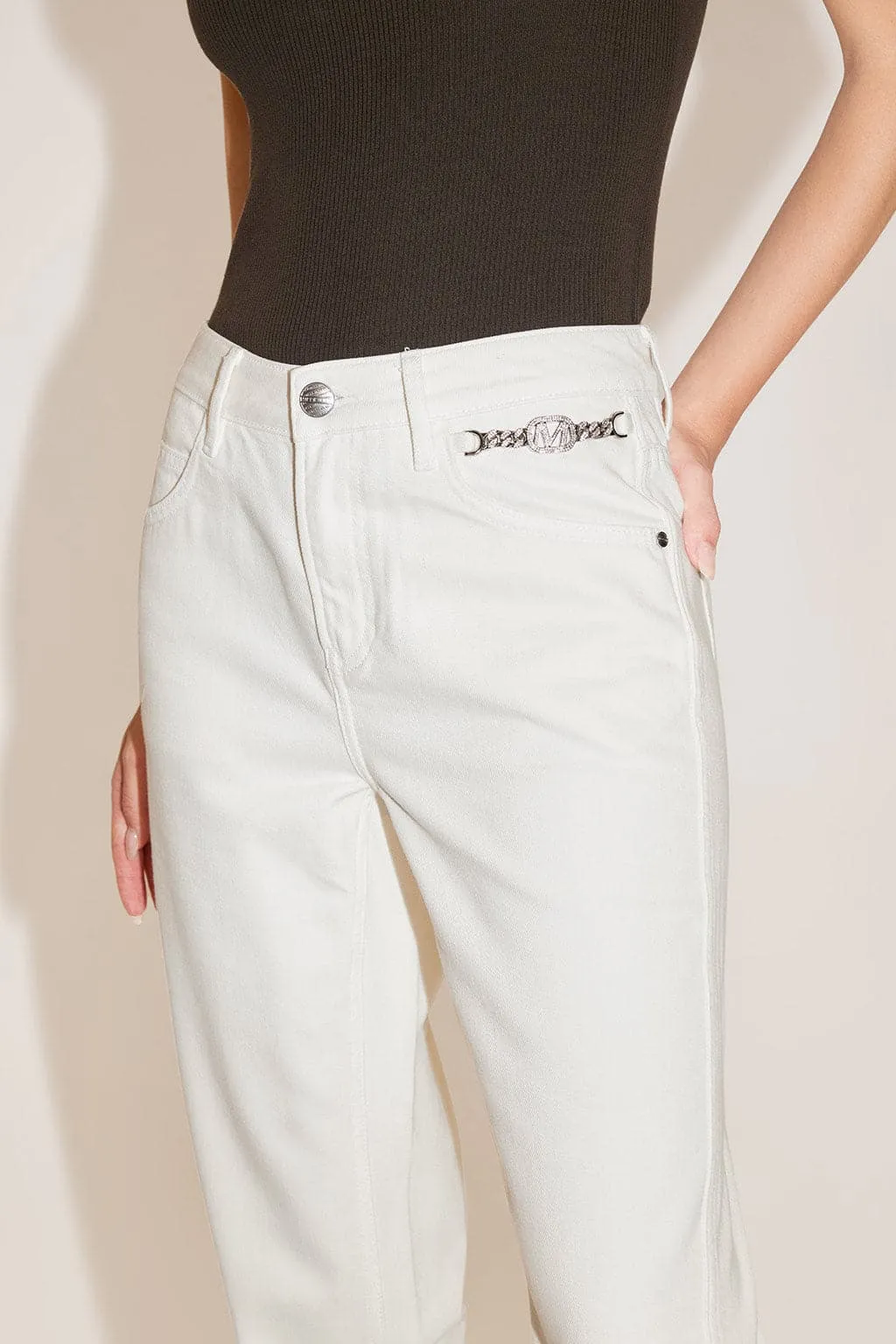 White Straight Pants With Crystal Chain