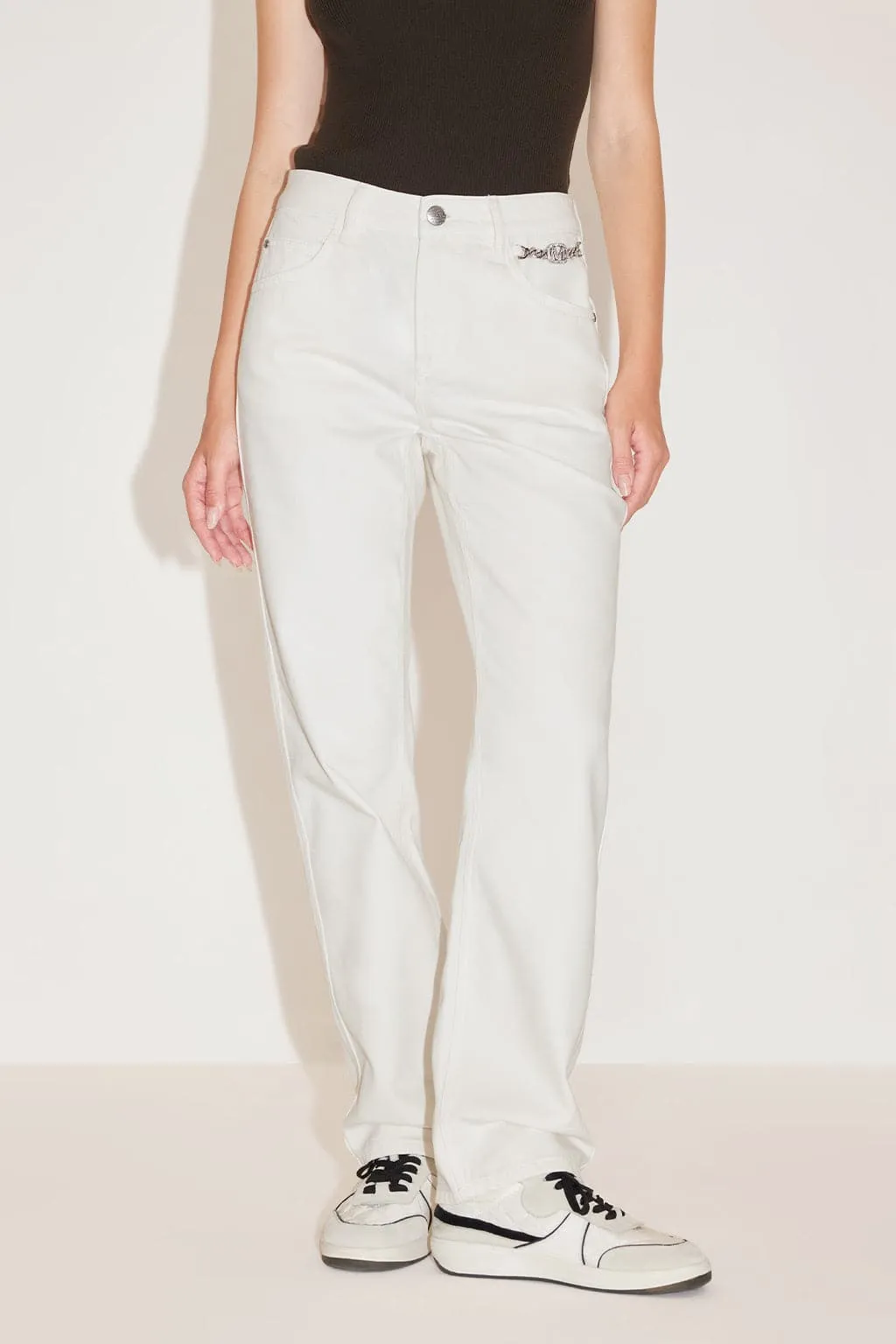 White Straight Pants With Crystal Chain