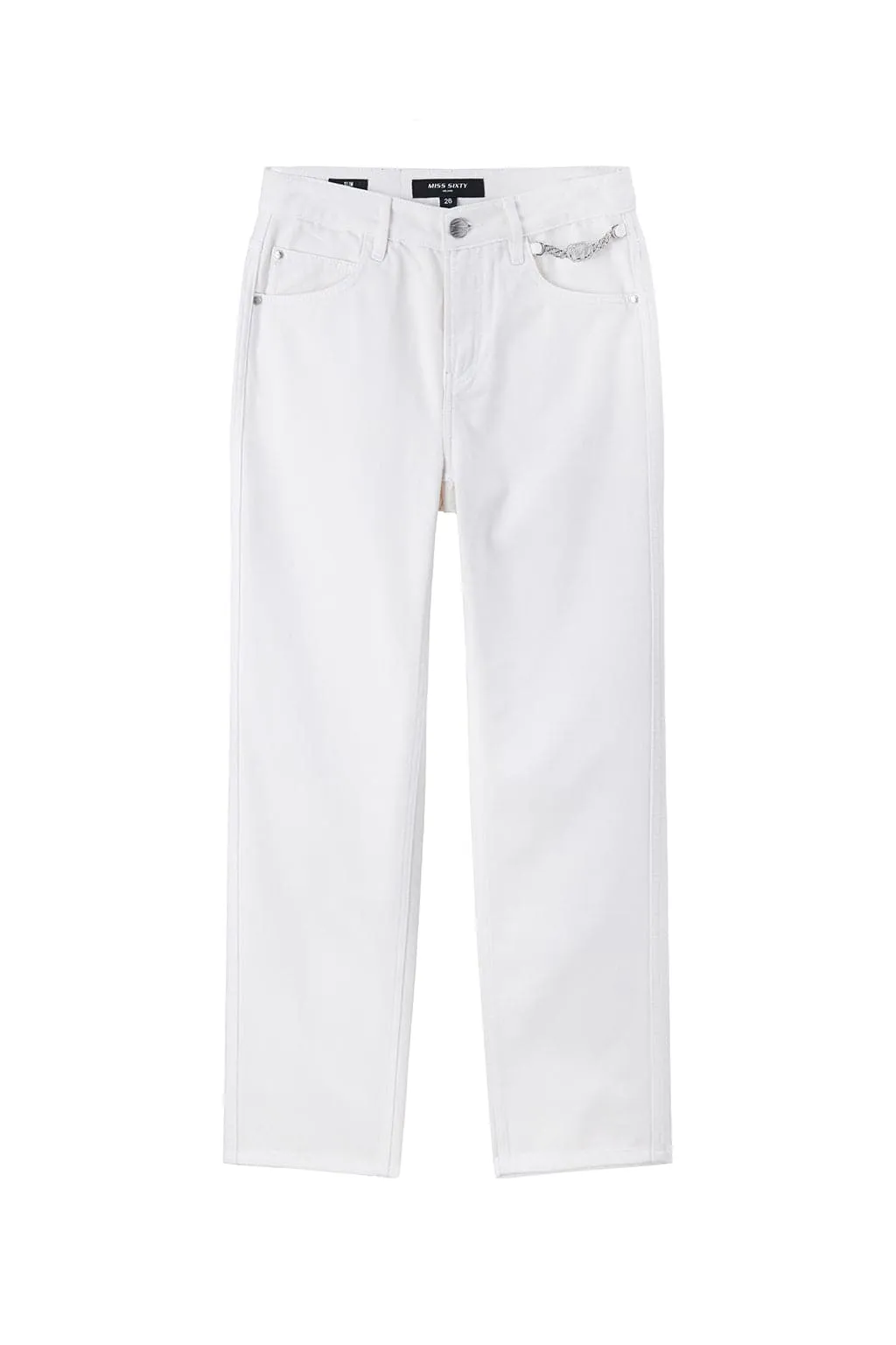 White Straight Pants With Crystal Chain