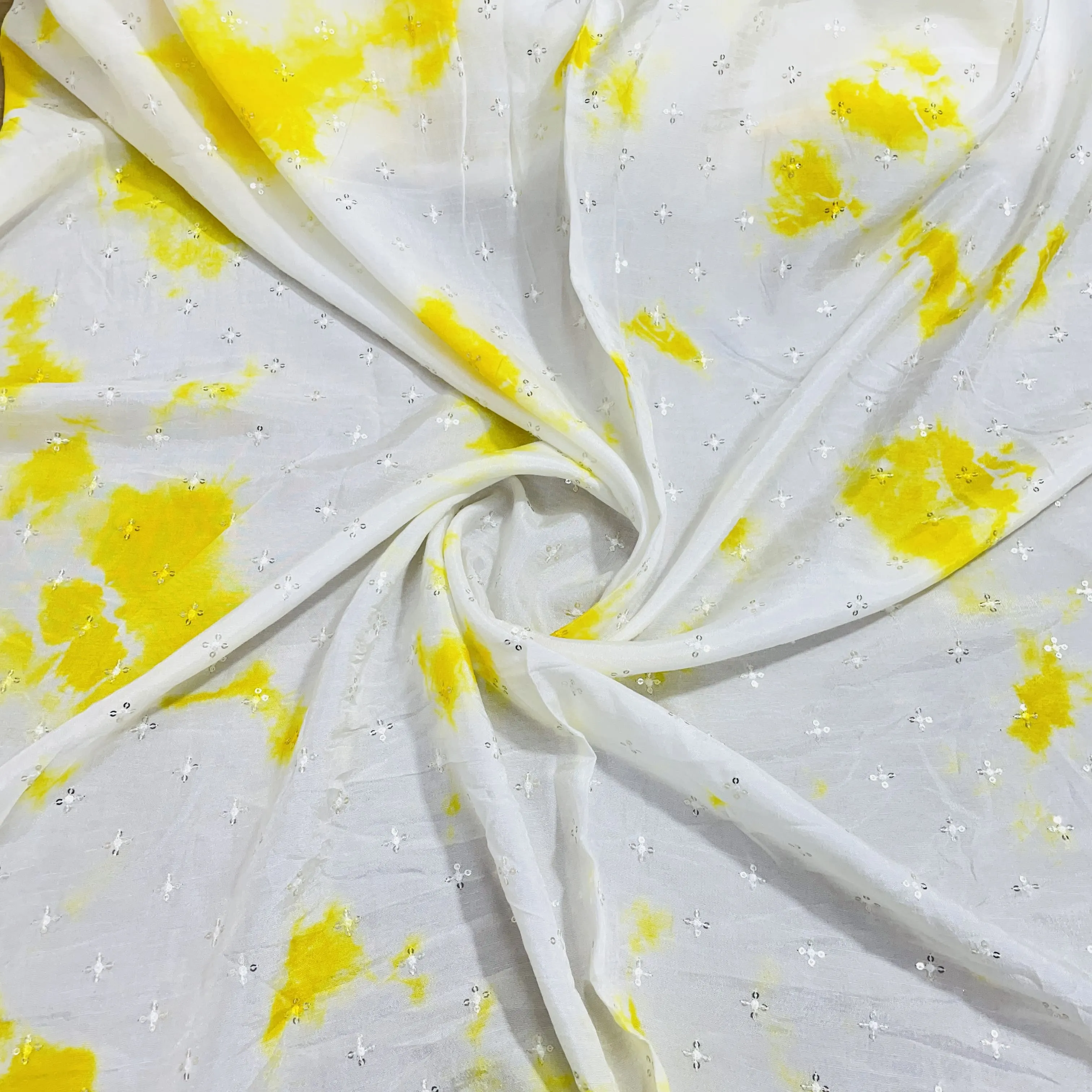 White Yellow Shibori Sequins Embroidery Dola Silk Fabric 27