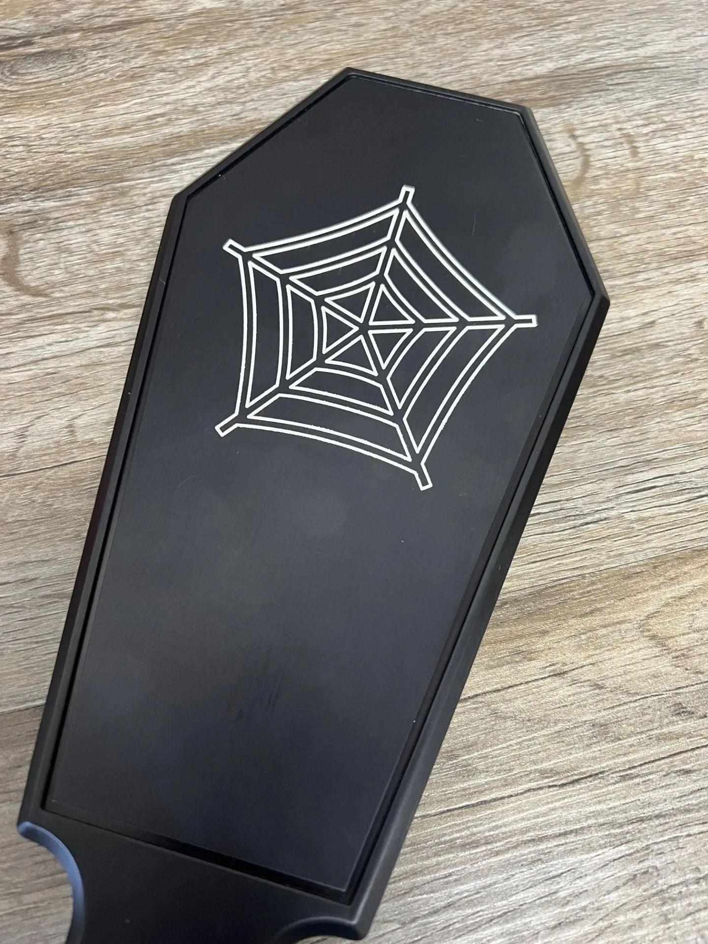 Wholesale Spider Web Vlad's Revenge Coffin Shaped Black Anodized Aluminum Solid Metal Spanking Paddle