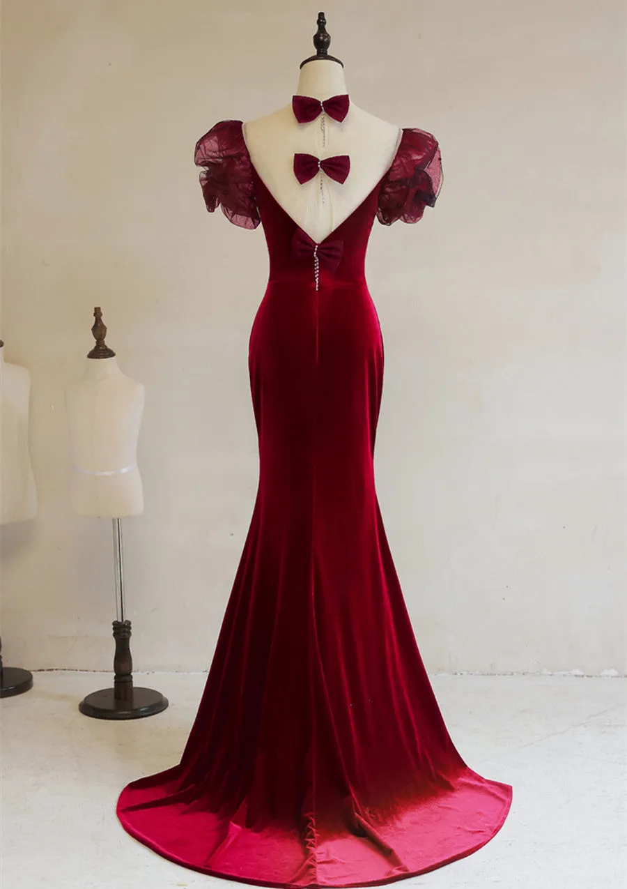 Wine Red Mermaid Long Party Dress with Bow, Wine Red Evening Dress Prom Dress