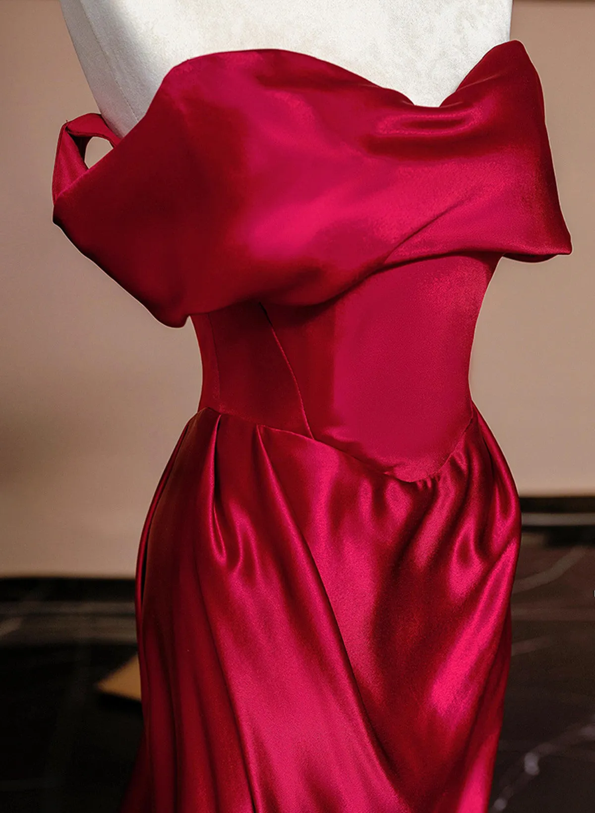 Wine Red Satin Off Shoulder Evening Dress, Wine Red Long Party Dress