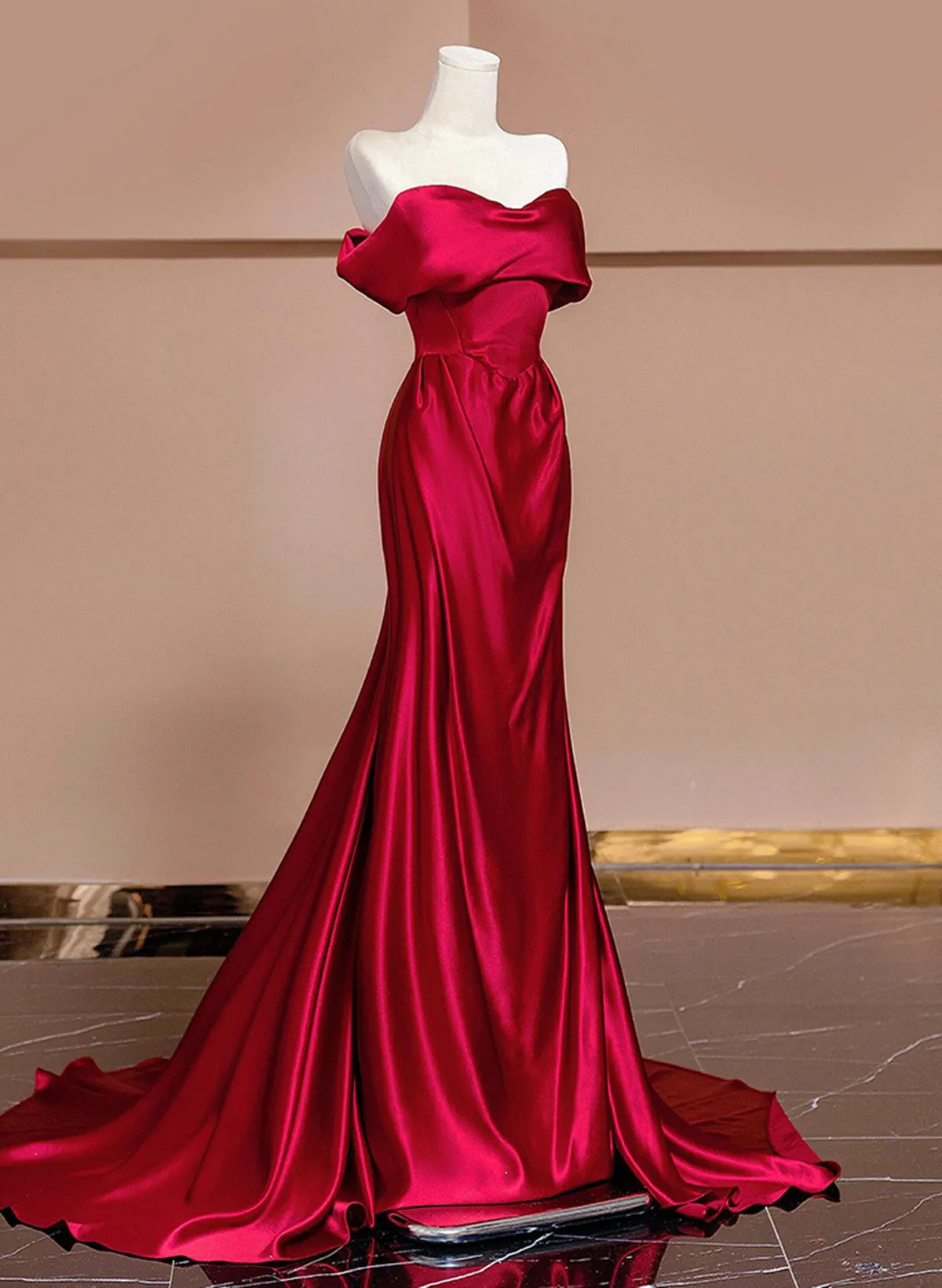 Wine Red Satin Off Shoulder Evening Dress, Wine Red Long Party Dress