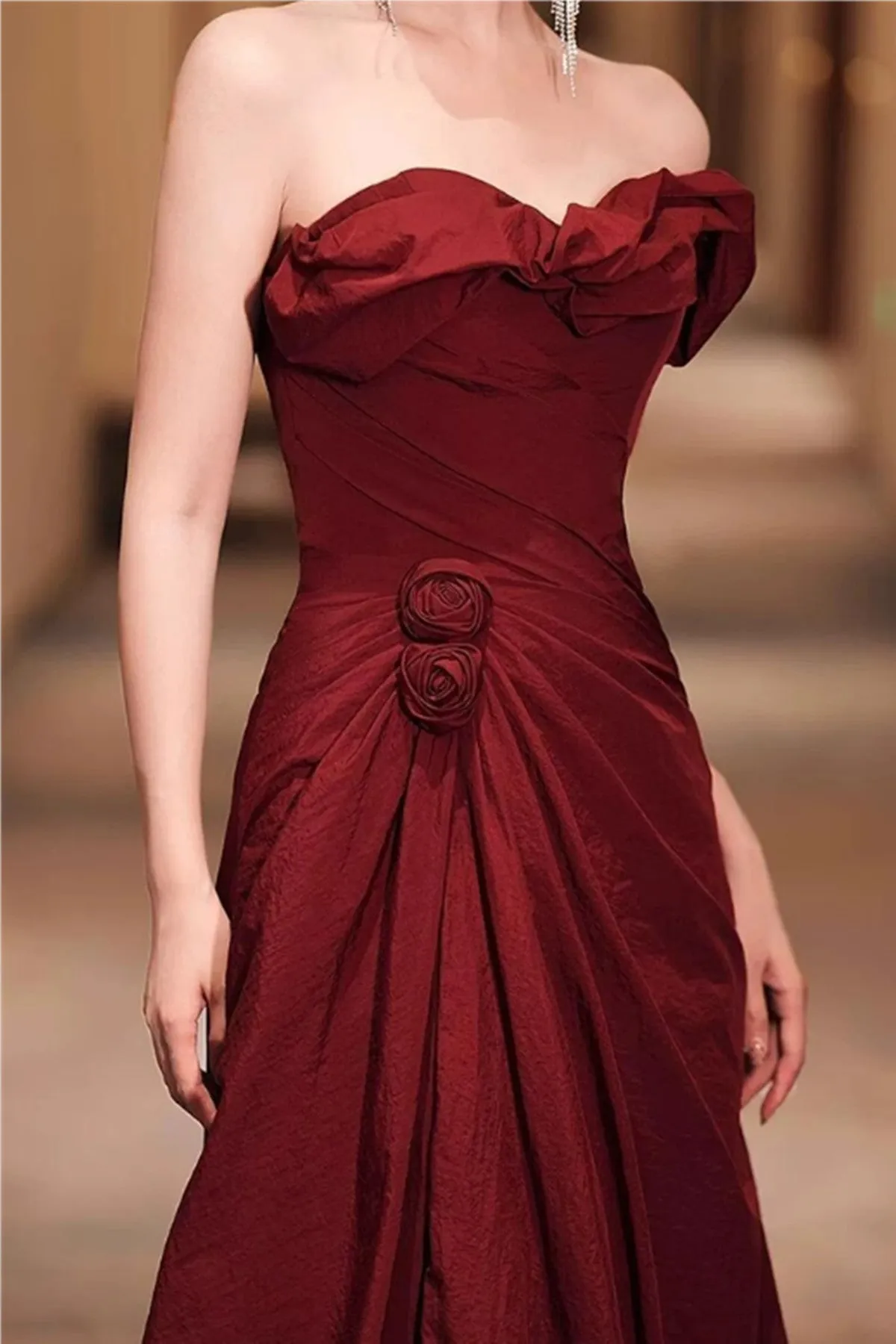 Wine Red Taffeta Long Prom Dress Party Dress, Wine Red Off Shoulder Formal Dress