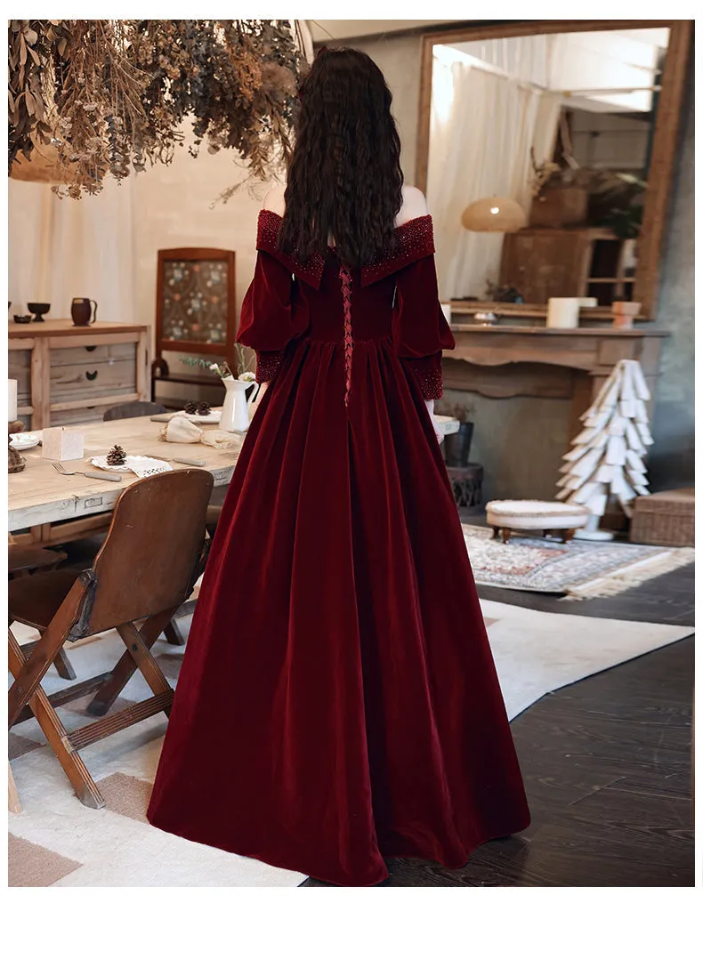 Wine Red Velvet Long Sleeves Beaded Party Dress, Sweetheart Long Prom Dress