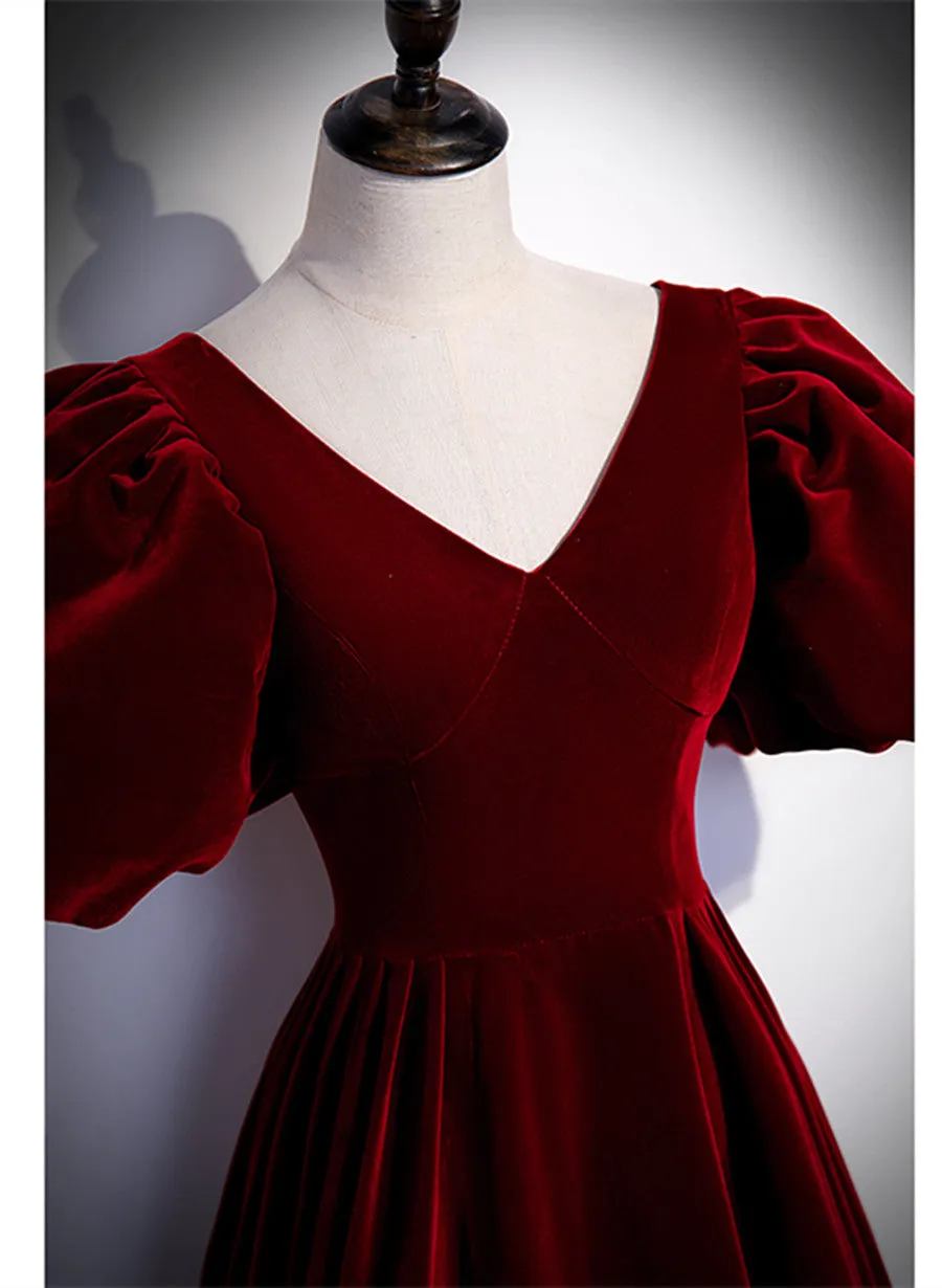 Wine Red Velvet Puffy Short Sleeves Party Dress, Velvet Long Bridesmaid Dress