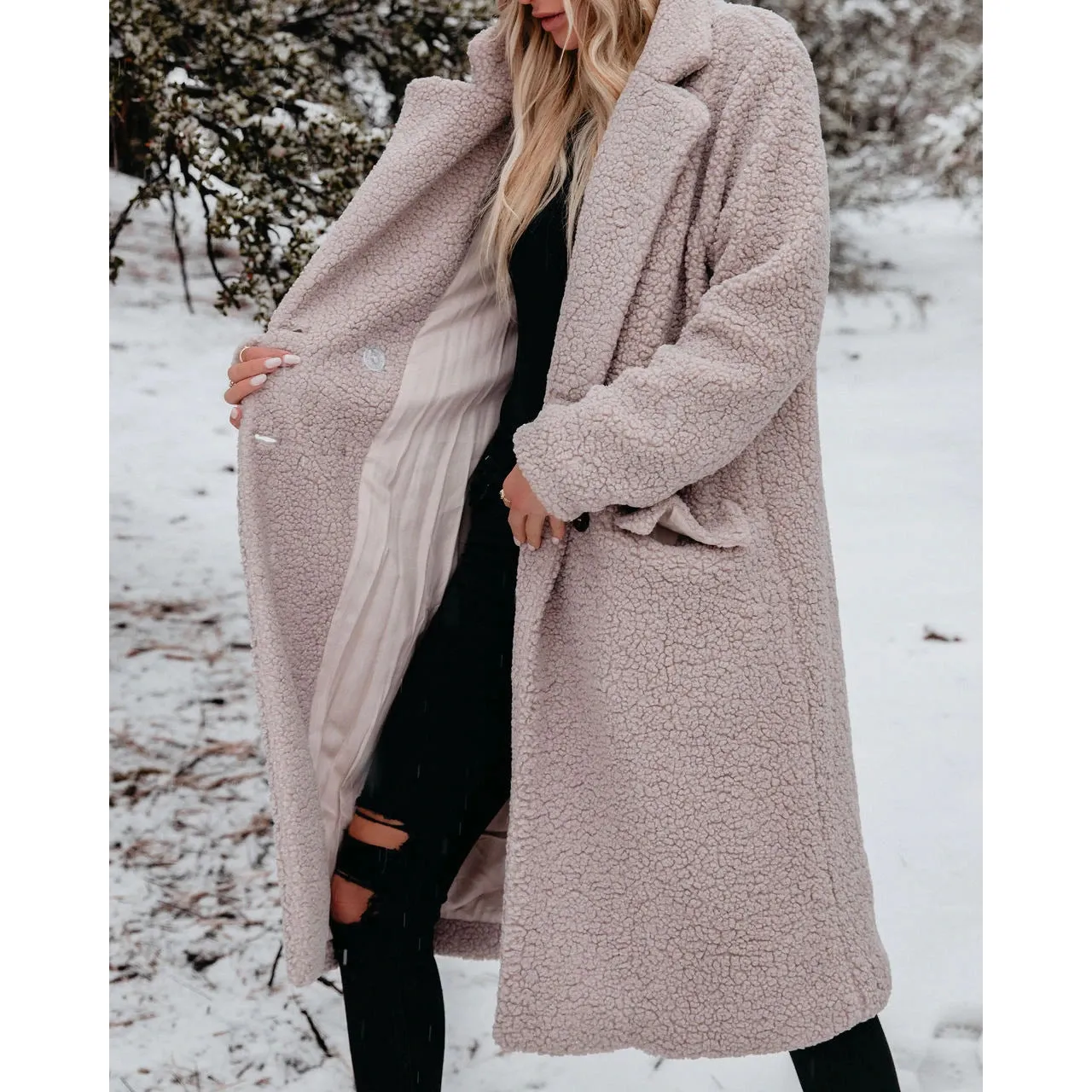 Wjczt cold weather outfits Autumn and Winter Warm Coat Long Sleeve Lapel Women's Plush Top Women's Overcoat