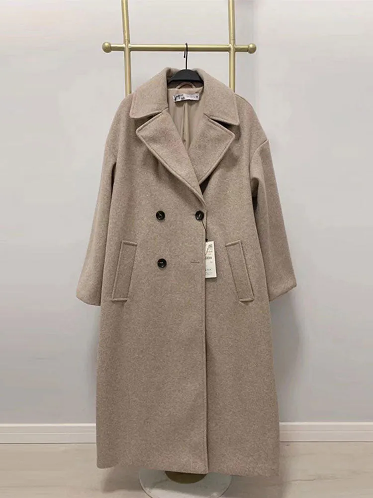 Women Elegant Double Breasted Woolen Coat Spring Fashion Chic Lapel Overcoat Office Ladies Solid Cashmere Long Outerwear