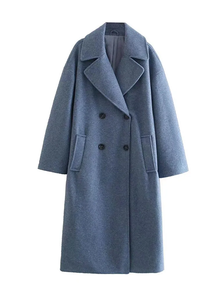 Women Elegant Double Breasted Woolen Coat Spring Fashion Chic Lapel Overcoat Office Ladies Solid Cashmere Long Outerwear