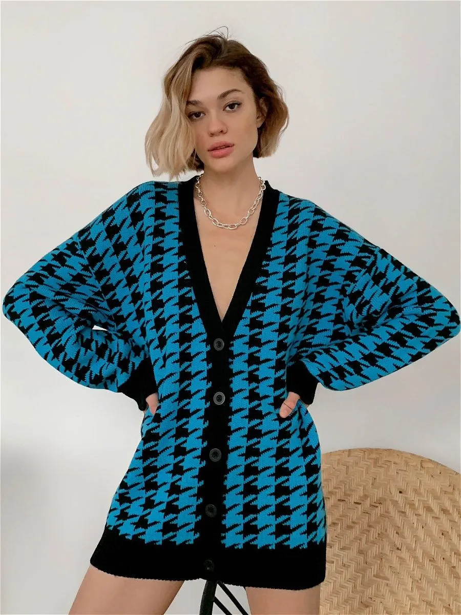 Women V Neck Knitting Plaid Long Sleeves Cardigan Overcoat