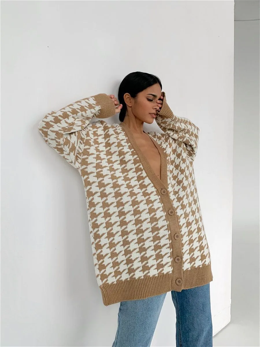 Women V Neck Knitting Plaid Long Sleeves Cardigan Overcoat