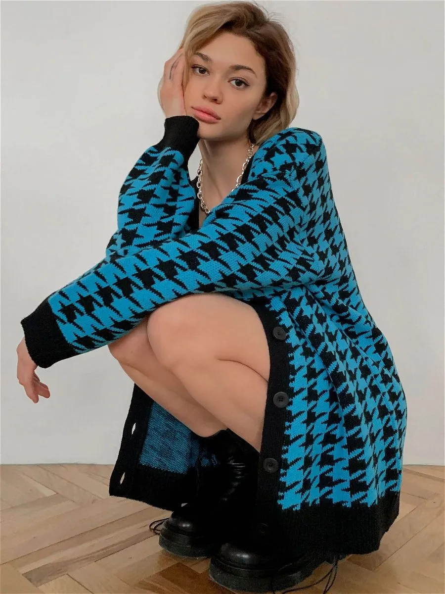 Women V Neck Knitting Plaid Long Sleeves Cardigan Overcoat