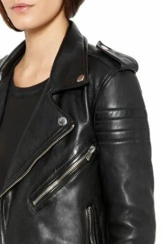 Women's Genuine Lambskin Stylish Black Leather Biker Jacket