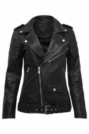 Women's Genuine Lambskin Stylish Black Leather Biker Jacket