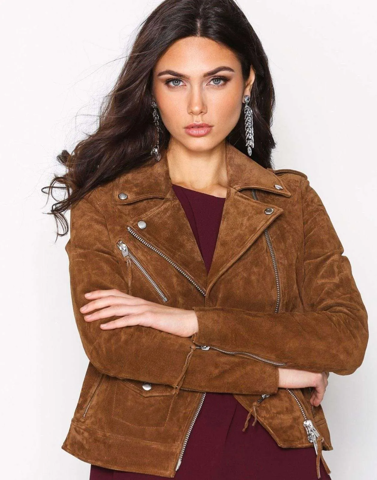 Women's Suede Leather Jacket Brown Biker Motorcycle Pure Suede Jacket