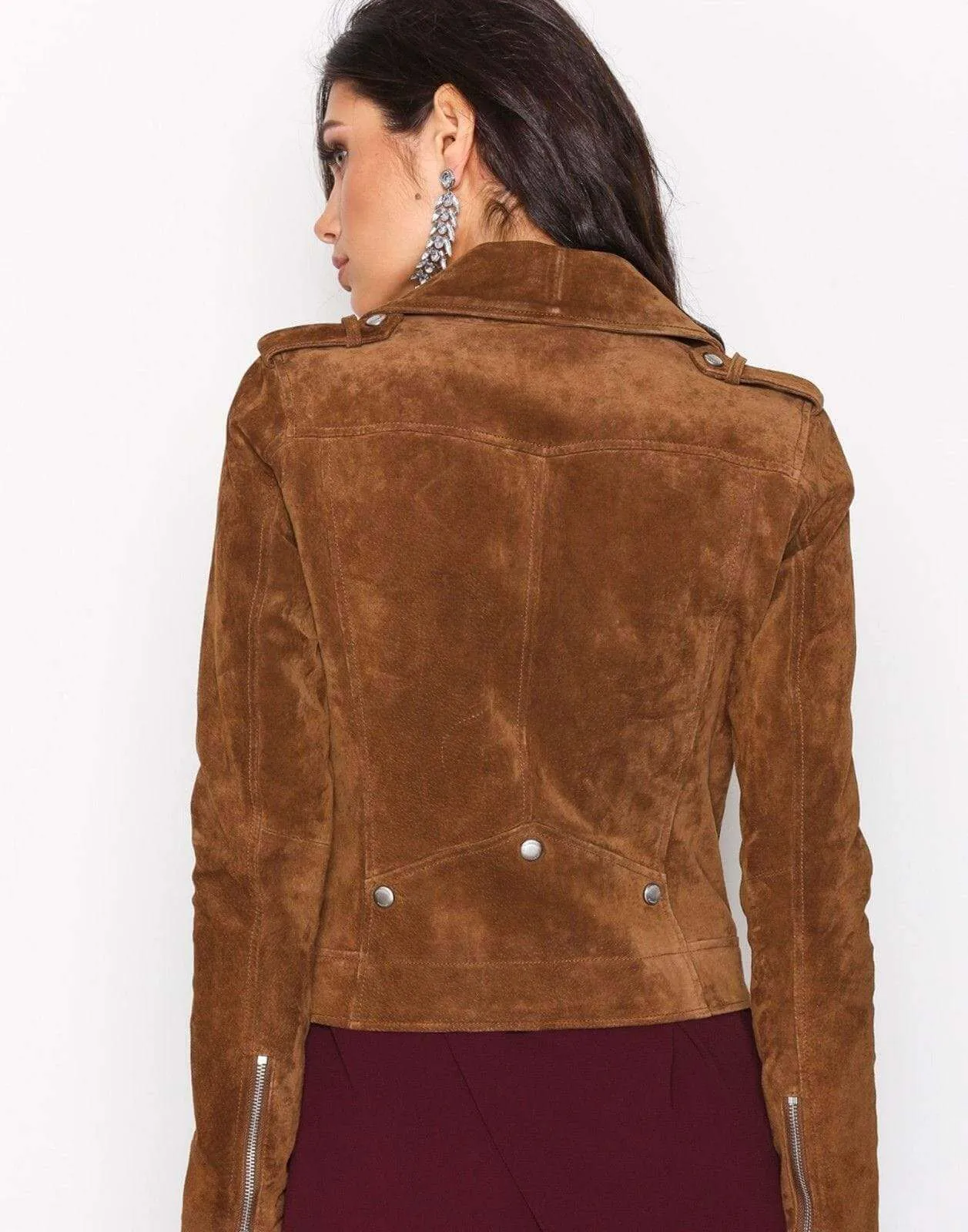 Women's Suede Leather Jacket Brown Biker Motorcycle Pure Suede Jacket