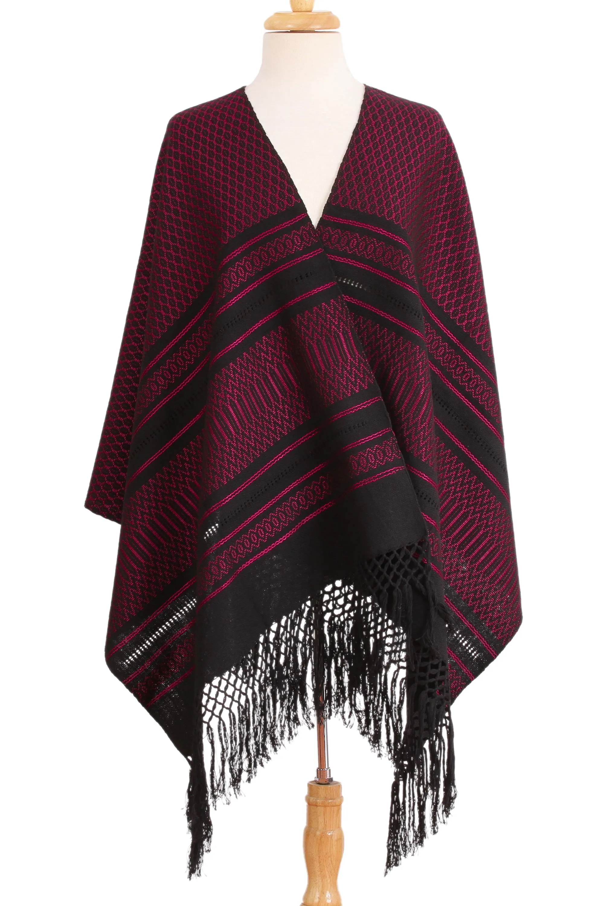 Zapotec Handwoven Rebozo Shawl in Black and Fuchsia - Zapotec Fiesta in Fuchsia | NOVICA