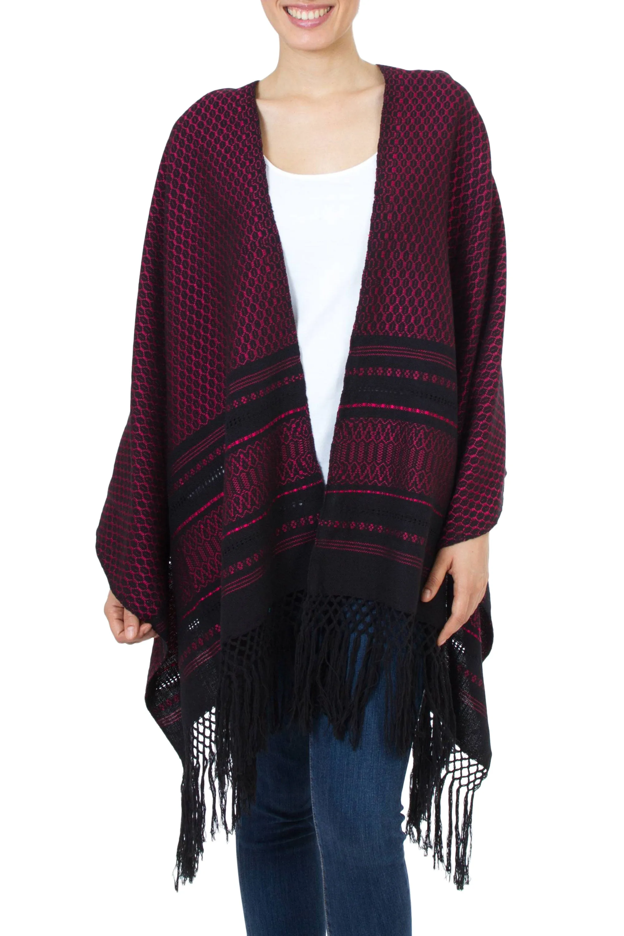 Zapotec Handwoven Rebozo Shawl in Black and Fuchsia - Zapotec Fiesta in Fuchsia | NOVICA